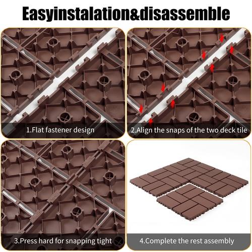 Plastic interlocking decking tiles, 44 packs of terrace decking tiles, 12“ x 12” waterproof for all-weather use, backyard pool decking tiles, Brown