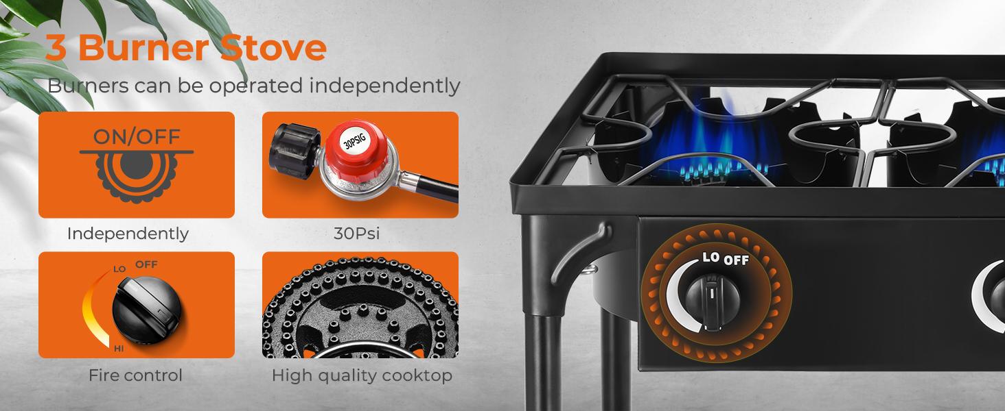 GEEKHOM Camping Stove, 3 Burner Propane Camp Stove w/Detachable Legs, 225,000-BTU Output, 20 PSI Regulator & CSA Certification, 30’’ Outdoor Gas Stove, High Pressure Propane Burner for BBQ (3 Burner) GEEKHOM Camping Stove, 3 Burner Propane Camp Stove w/Detachable Legs, 225,000-BTU Output, 20 PSI Regulator & CSA Certification, 30’’ Outdoor Gas Stove, High Pressure Propane Burner for BBQ (3 Burner)