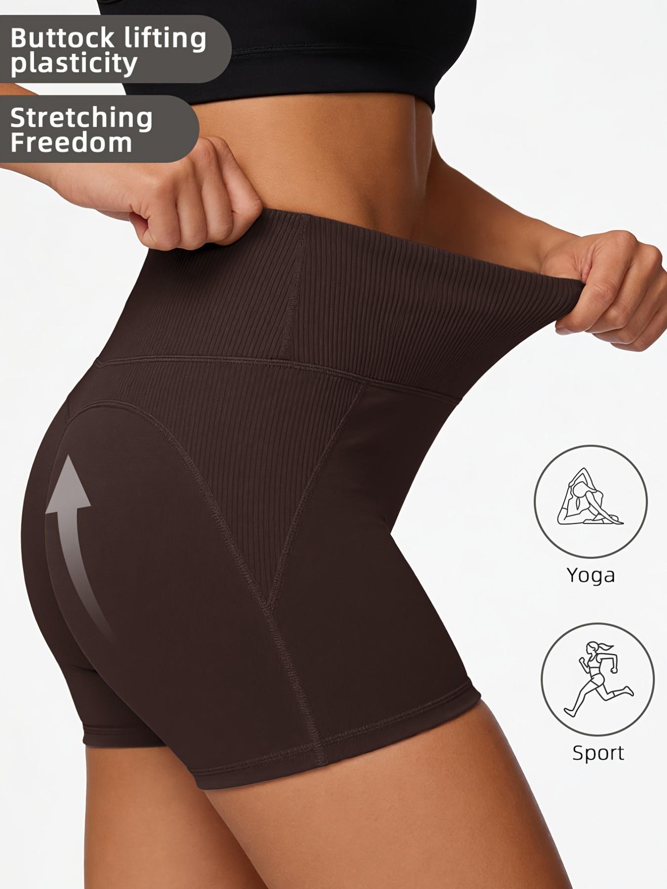 Women's High Waist Yoga Shorts, Ribbed Waist Tummy Control Butt Lift Gym Shorts, Four Way Stretch Anti-See Through Fitness Running Shorts