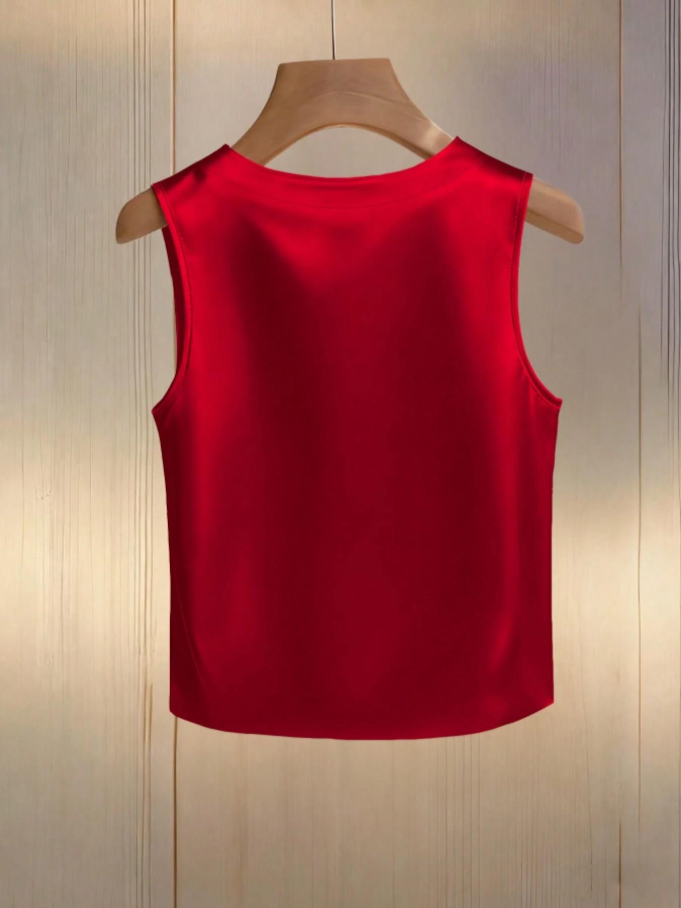 Women's Plain Pearl Round Neck Simple Fashion Minimalist Vest Top, Casual Fitted Sleeveless Blouse, Stylish Daily Wear Clothing