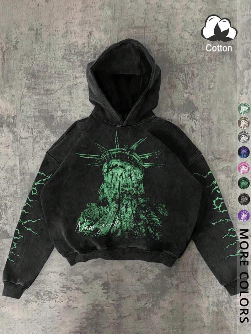 Unisex Streetwear Graphic Hoodie, New York Statue of Liberty & Gothic Symbols, Fall Winter Fitted Cotton Pullover, Casual Y2K Style