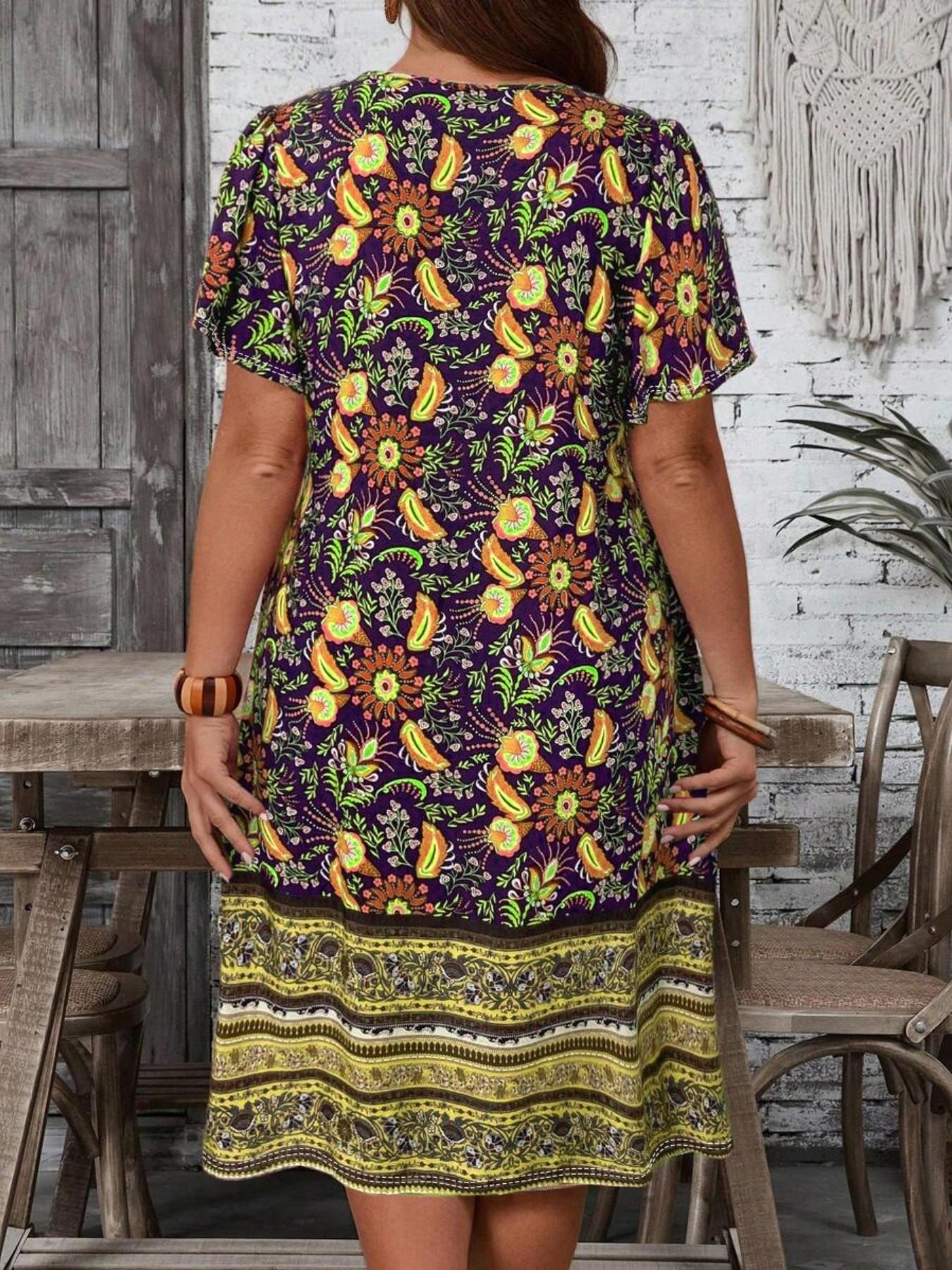 Plus Size Boho Paisley Floral Print Dress, Western Style Casual Vacation Dress, Comfortable and Stylish, Perfect for Relaxing Days, Boho Sundress
