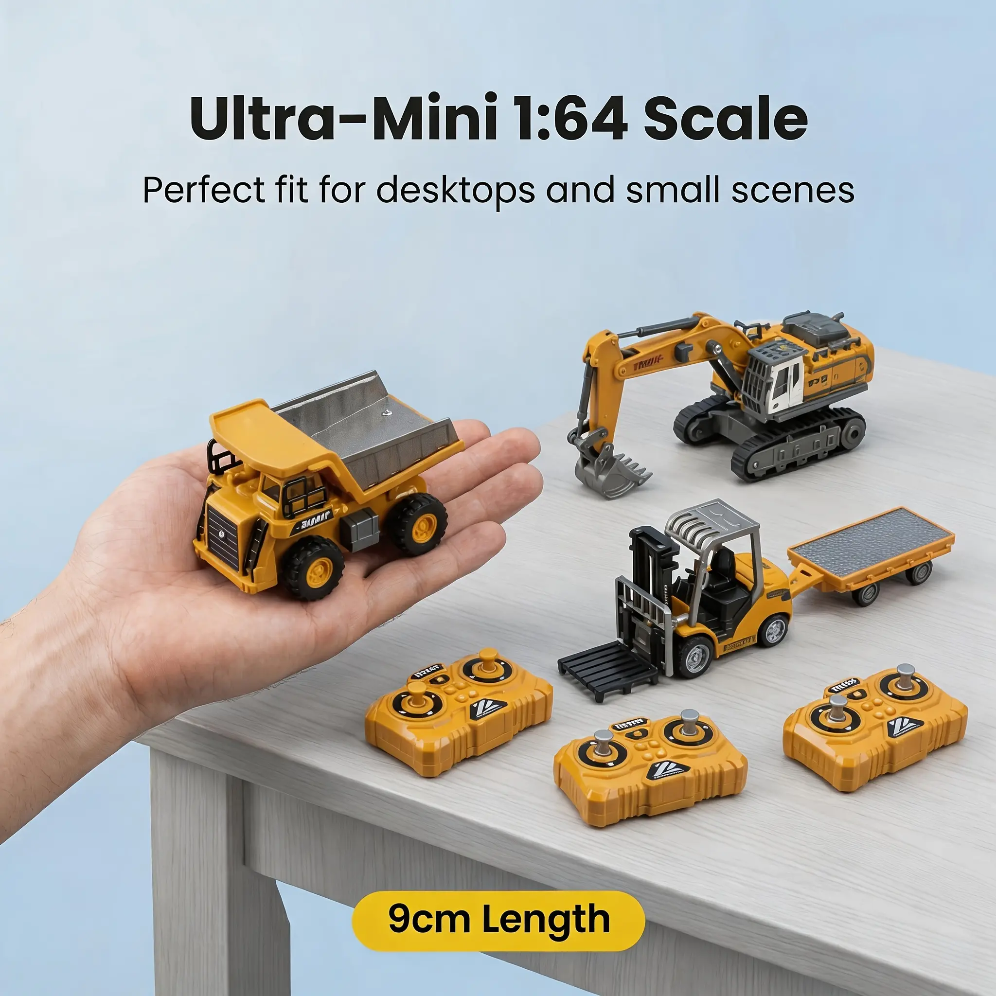 SUPERMELER 1:64 Mini Scale 9-Channel Alloy RC Construction Vehicle Set, 2.4GHz Micro Remote Control Dump Truck, Forklift, Excavator, Tough Metal Body, Includes Cells, Ages 6-8, Desk Play Toy, Christmas Gift