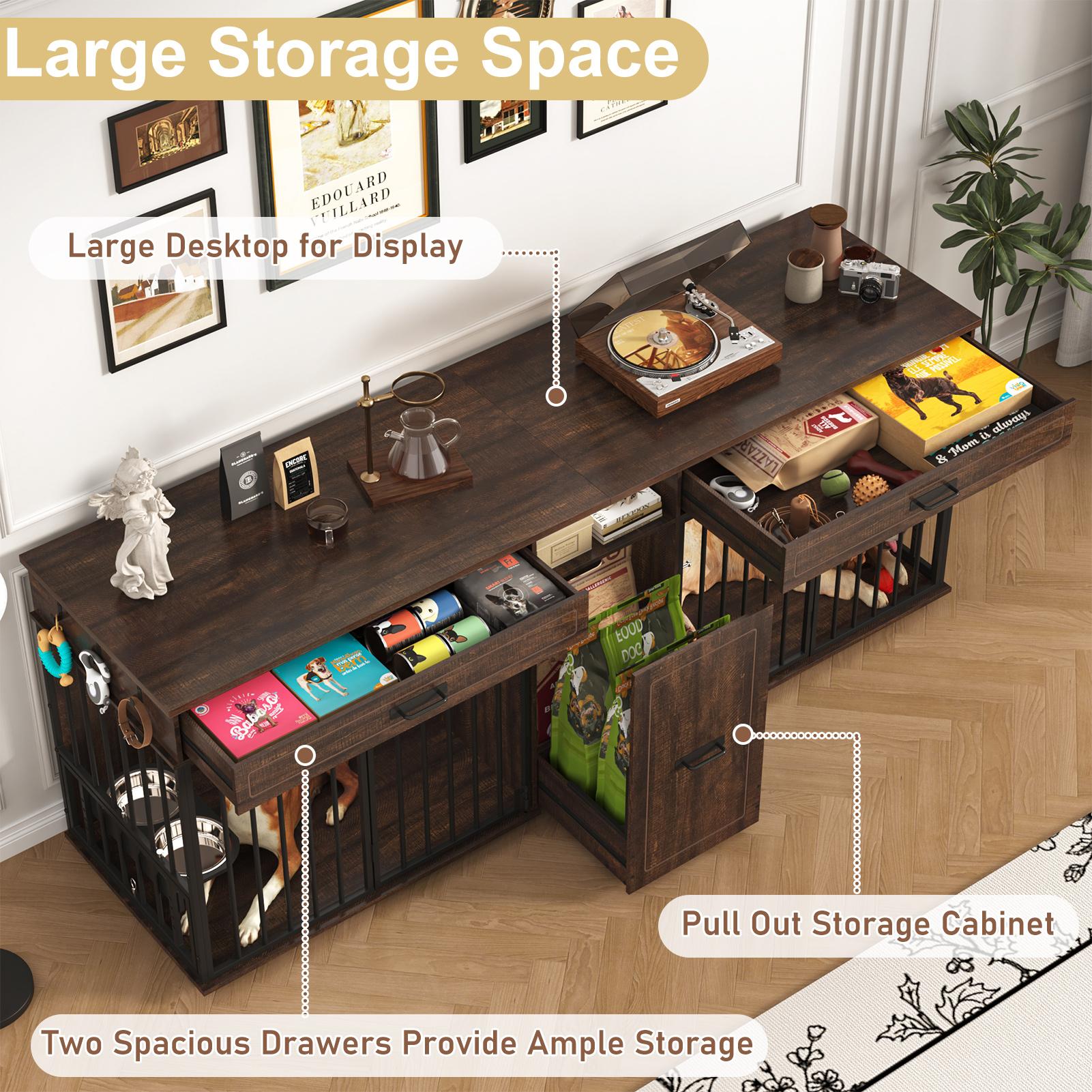 【2Packages Shipping】86.6" Dog Crate Furniture Large Breed TV Stand with Double Rooms, Wooden Dog Kennel Furniture with Dog Bowl, 2 Drawers and Cabinet for Large Medium Dogs, Black/Brown