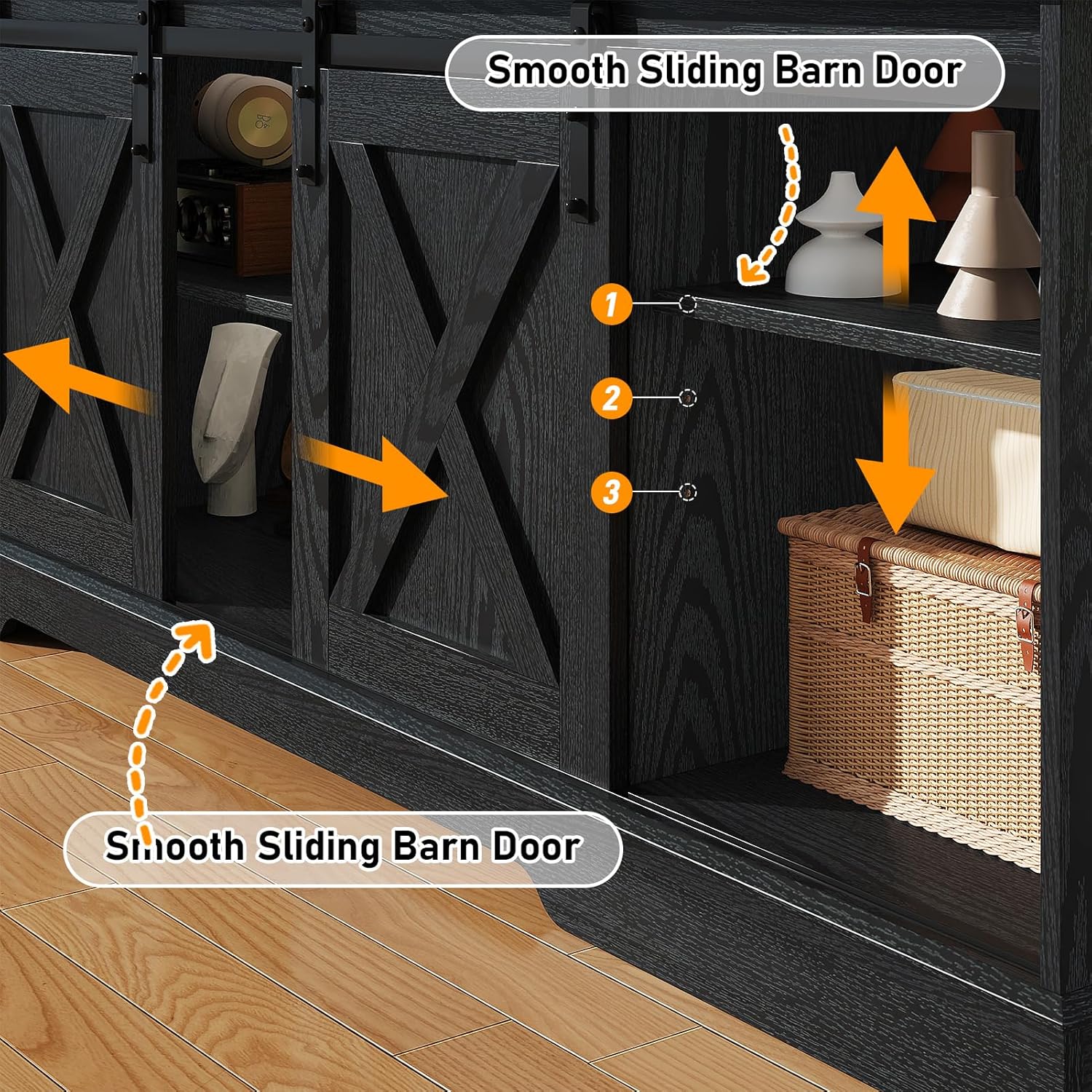 Farmhouse TV Stand for 70/75/80 Inch TV, 58/70 inch Entertainment Center Storage Cabinets with Sliding Barn Doors, Media Console Cabinet for Living Room, White/Grey/black