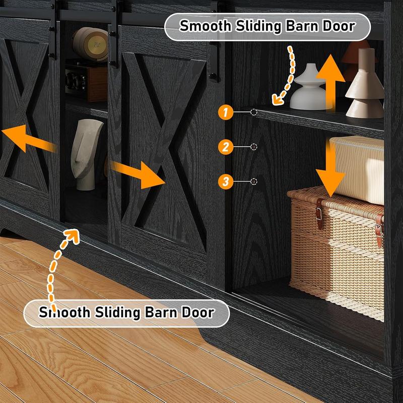 Farmhouse TV Stand for 70/75/80 Inch TV, 58/70 inch Entertainment Center Storage Cabinets with Sliding Barn Doors, Media Console Cabinet for Living Room, White/Grey/black