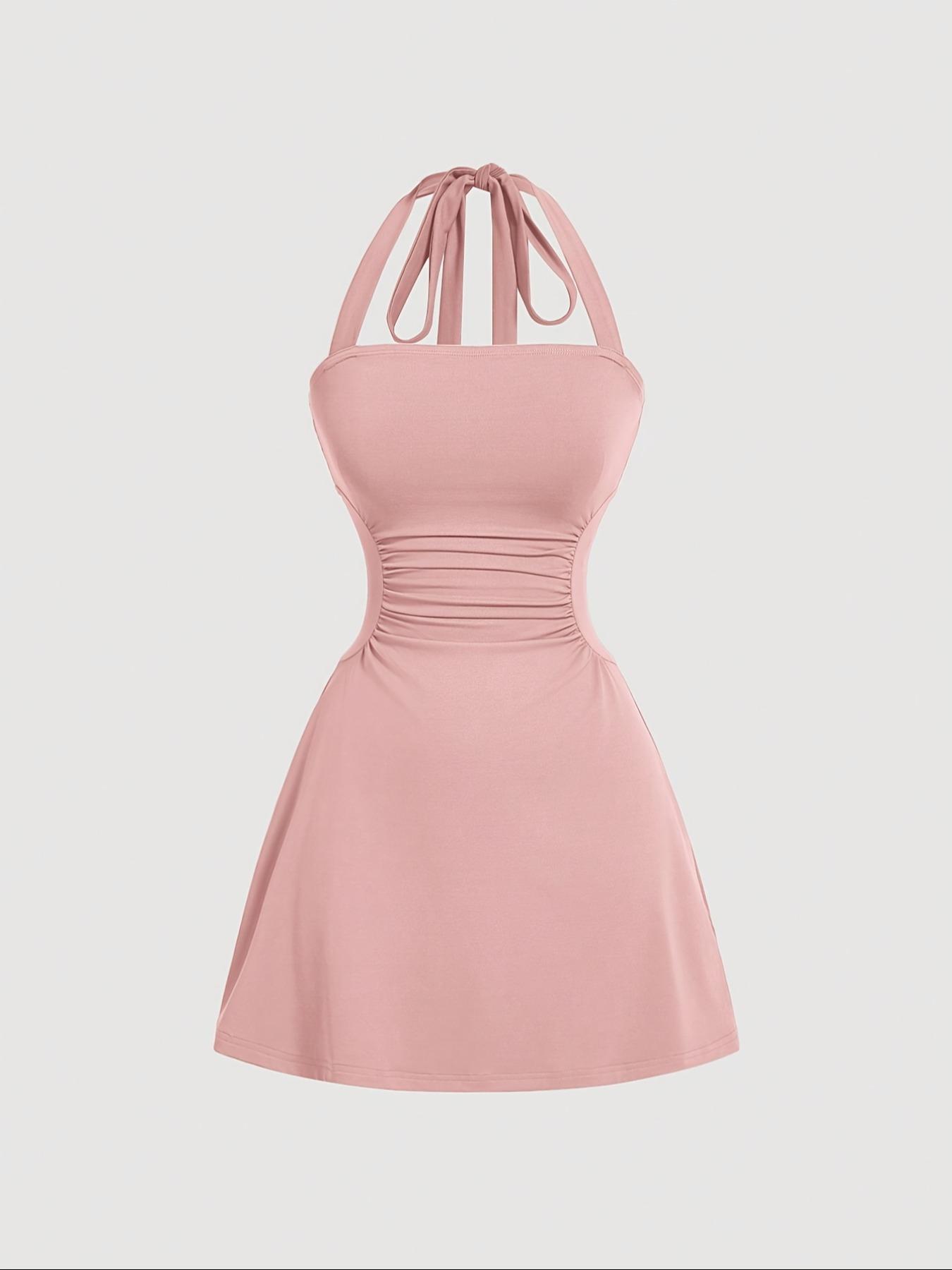 Women's Solid Fit Ruched Tie Back Backless Halter Neck Dress, Casual Fashion Fitted Womenswear Sleeveless A Line Short Dress for Summer, Women's Dress for Beach Holiday
