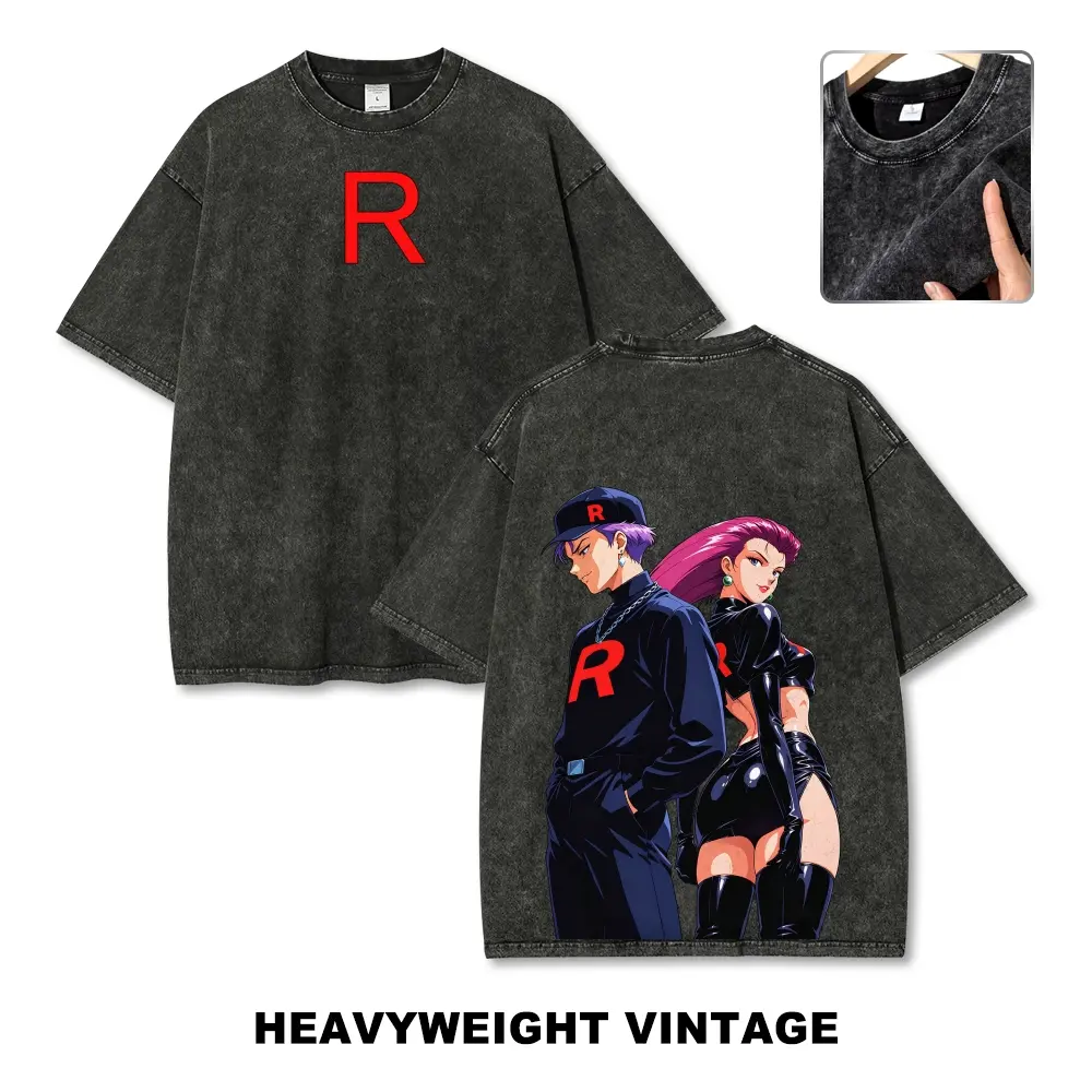 Unisex James & Jessie, Team Rocket Villain Duo pocket Graphic Washed T-Shirt Personalized Pattern Y2k Clothing Round Neck Washed T-Shirt,Women's Clothing 100% Cotton, Menswear, Top, Vintage Style,Summer Casual Oversized