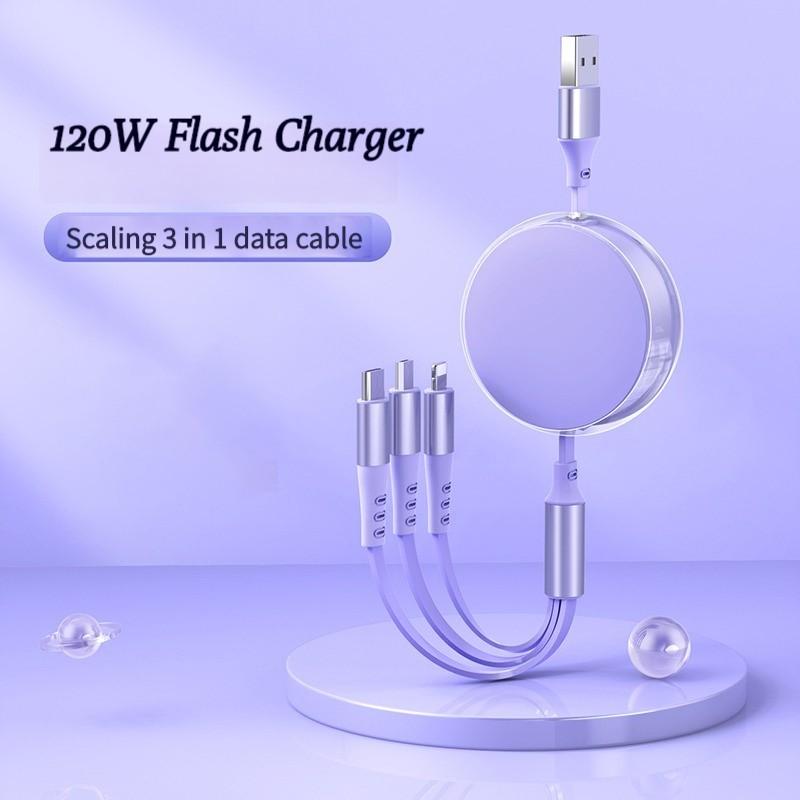 120w 6a Ultra Fast Charge Type-C Rechargeable Cable, 1.2m USB Charging Line, 3-In-1 Quick Charge Compatible Devices
