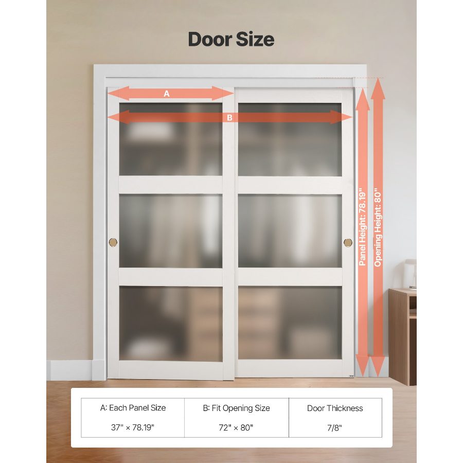VEVOR 72"x80" Bypass Sliding Door, Double 37" Panels, 3-Lite Frosted Glass, Solid Wood MDF Slab with Waterproof PVC Surface, Hardware Kit & Floor Guide for Closets, Bedrooms, Frost Glass