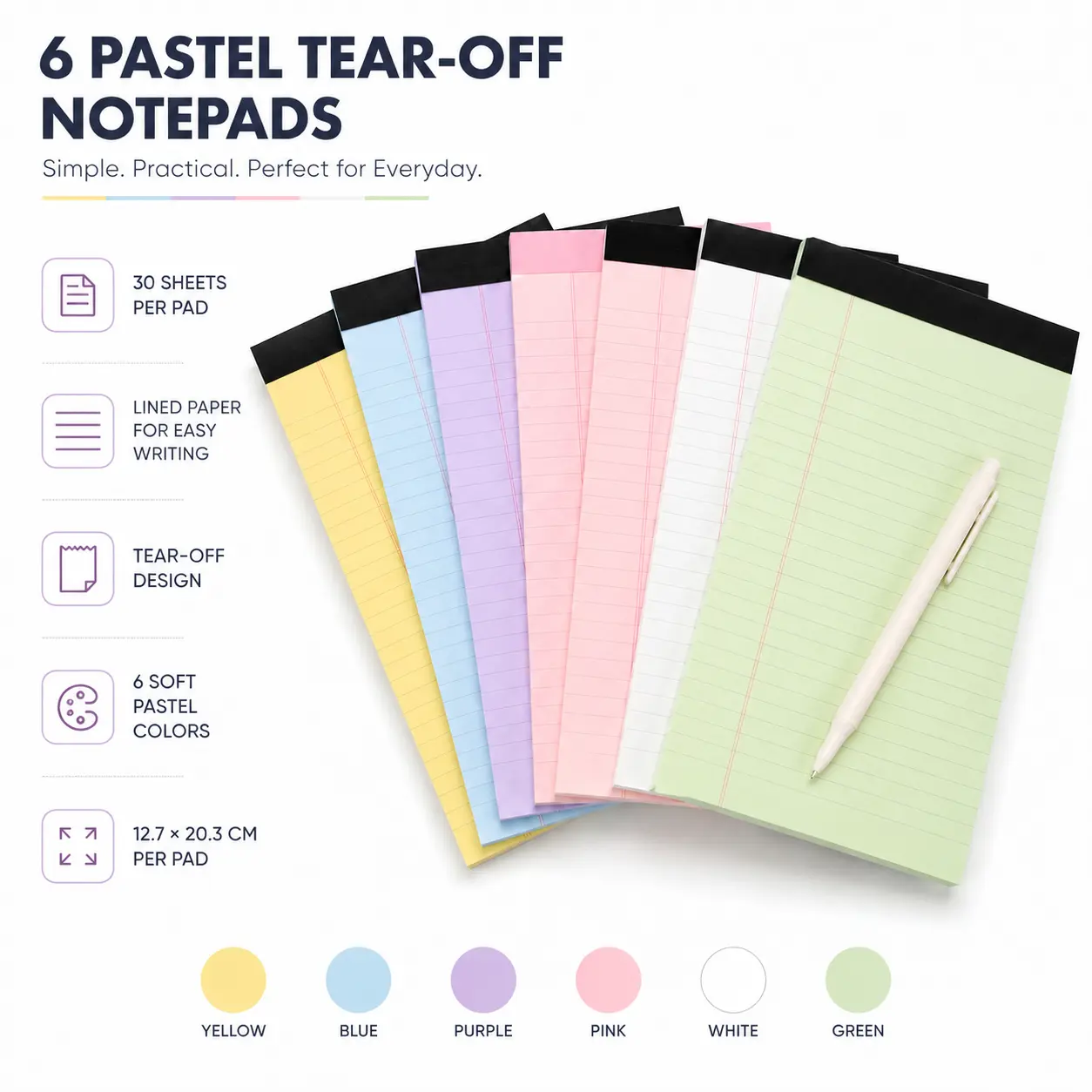A5 Lined Notepad - 30-Sheet Tear-Off Writing Pad, Pastel Ruled Paper, Top-Bound Portable Memo Pad for Note Taking, Office, School Supplies