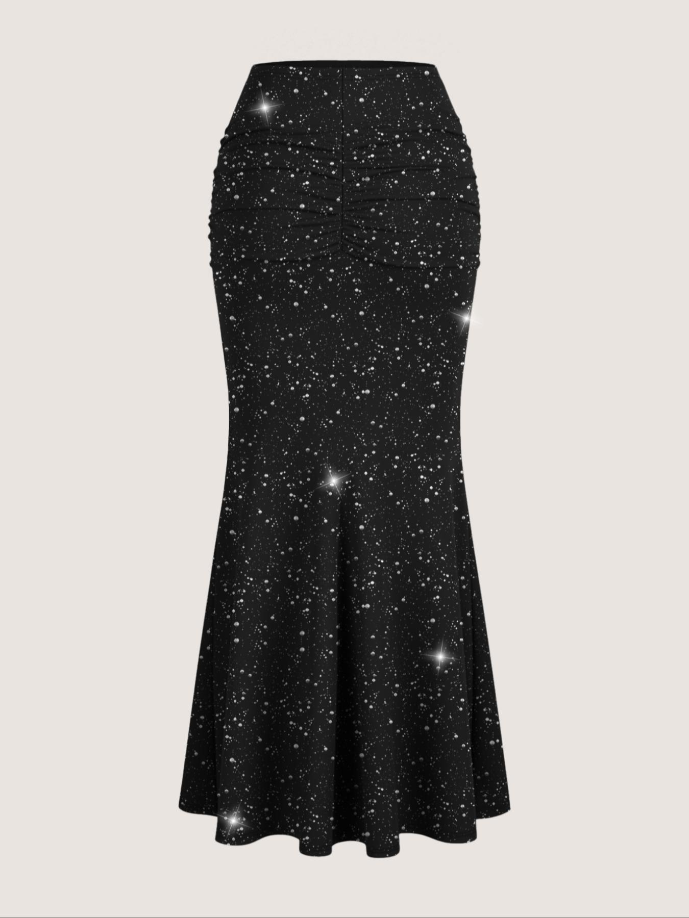 Women's Starry Skirt Fashion Slim Fit Sequin Galaxy Pleated High Waist Bodycon Mermaid Long Dress