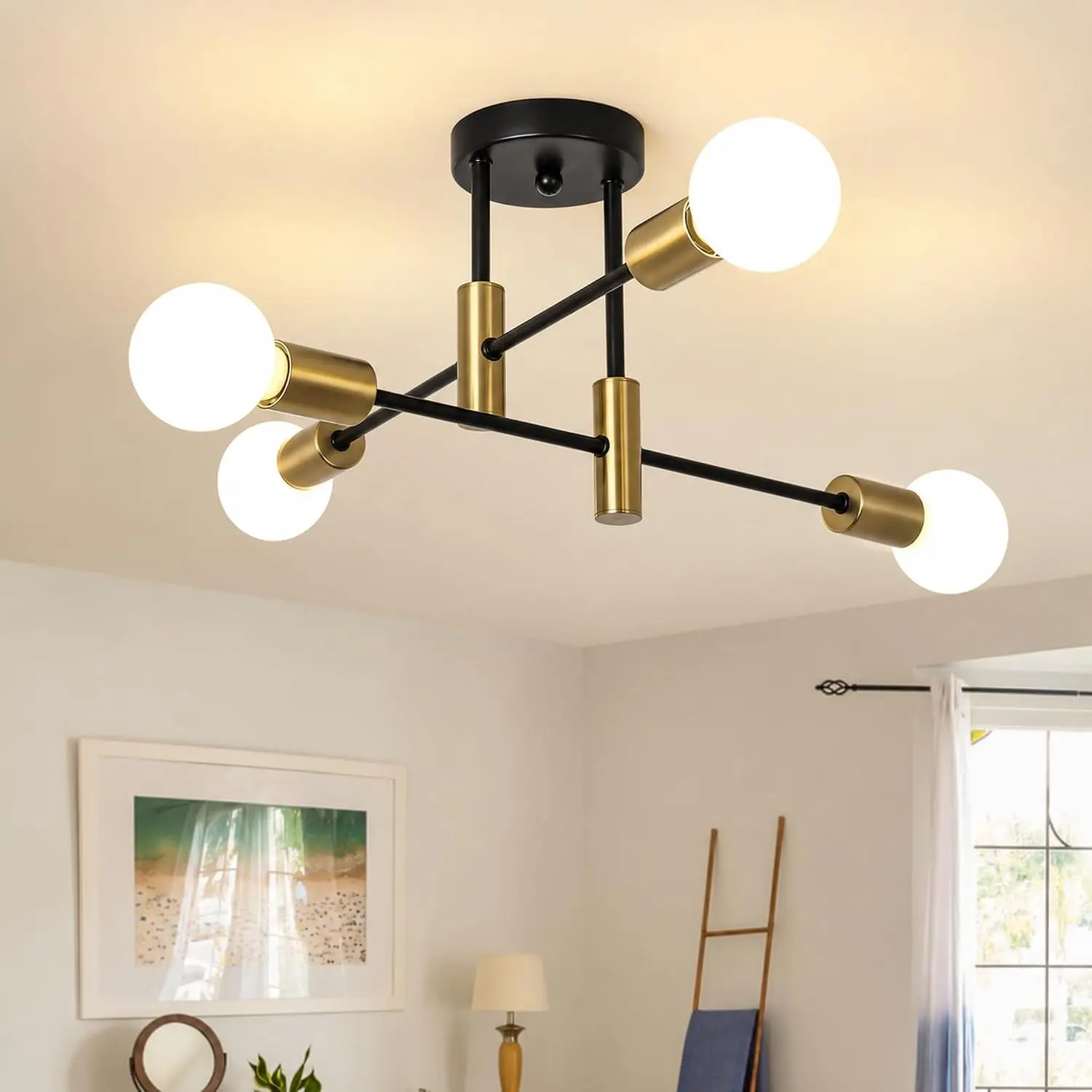 Black and Gold Sputnik Chandelier, 4-Light Semi Flush Ceiling Light