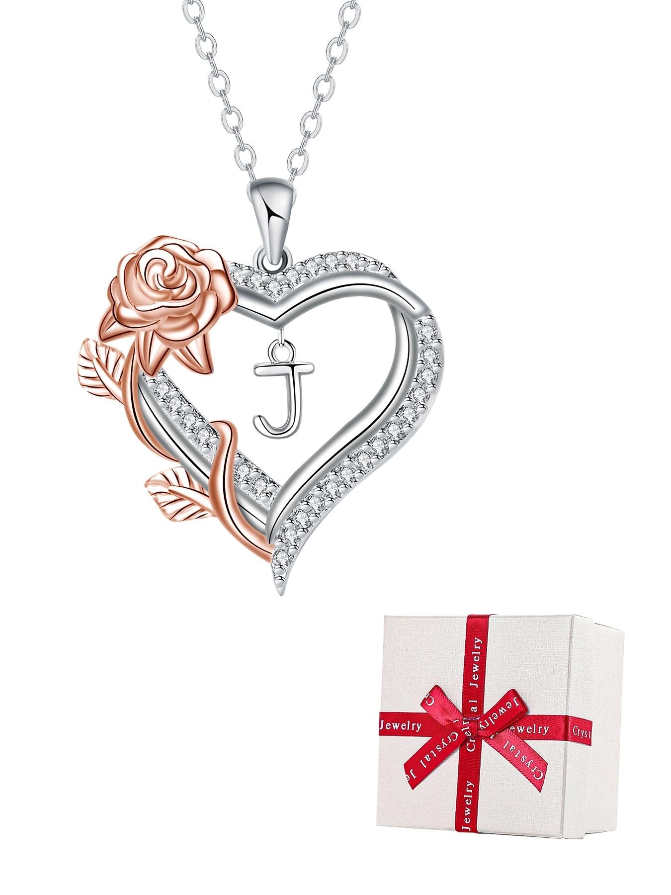 Moss Bear Rose Jewelry Gift Box With Rose Initial Love Heart Necklace for Women, Letter Alphabet Heart Necklace, Heart Design Necklace, Anniversary Birthday Jewelry Gifts for Wife Mom Girlfriend