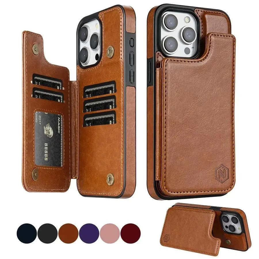 Magnetic Leather Smartphone Wallet Case with RFID Blocking Layer, Anti-Theft Protection - Handheld Card Accessories for iPhone 16e, 16 Pro Max, 15 Plus, 14, 13, 12, 11, SE2, XS, XR, 8, 7, Safety