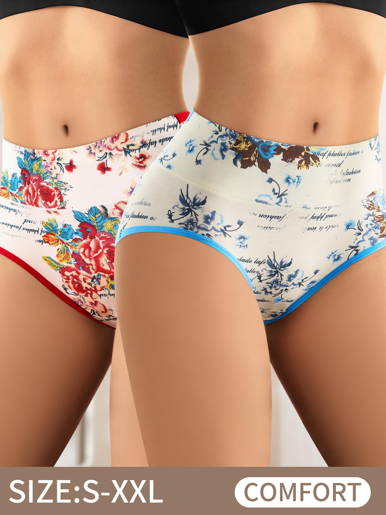 QUASTI 4 Pack High Waist Cotton Briefs, Vintage Floral Print Mid-Rise Panties, Soft Breathable 92% Cotton Everyday Underwear for Women, S-XXL