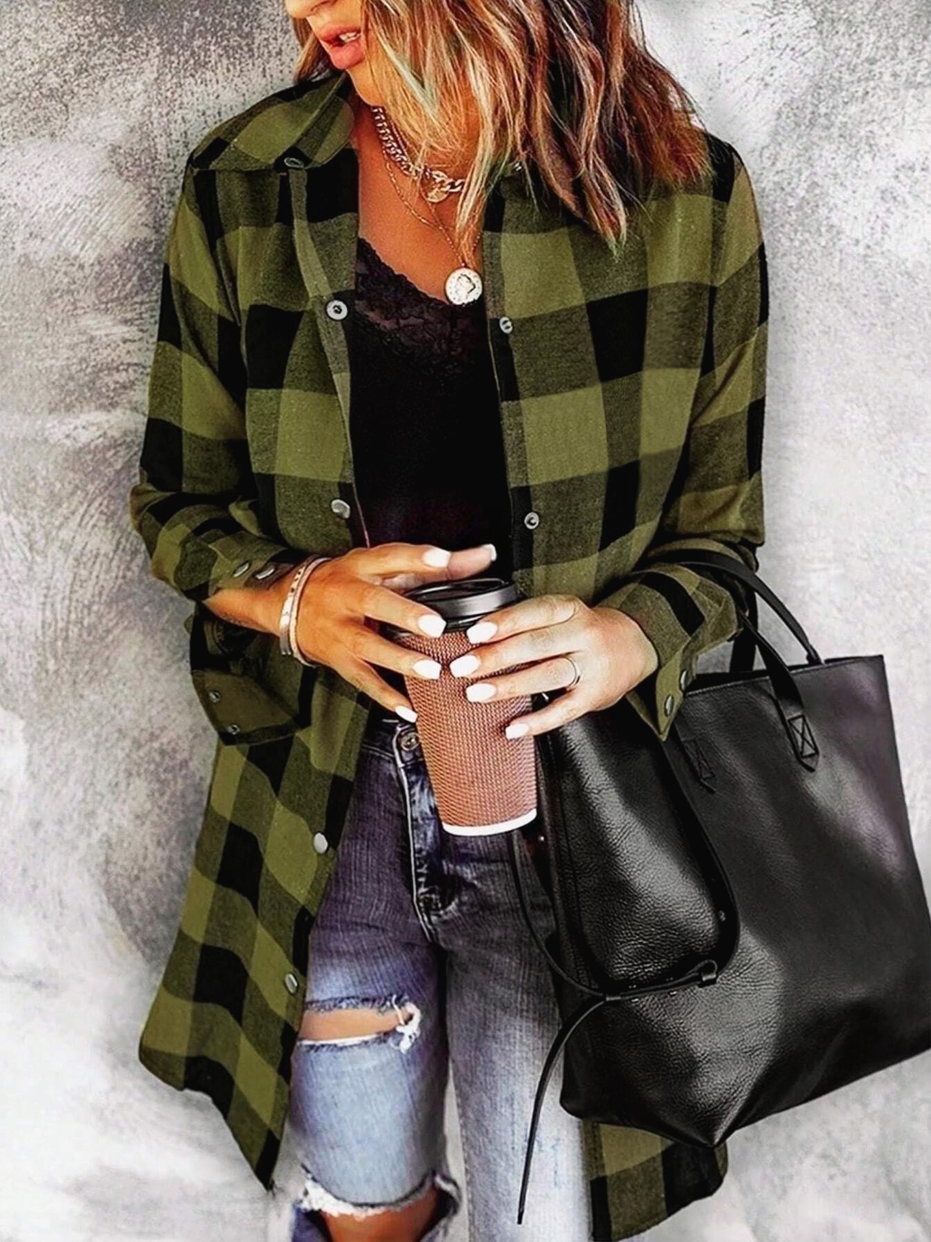 Women's Gingham Shirt, Casual Loose-Fitting Long Sleeve Top, Woven Fabric, All Seasons Wear, Moderate Thickness