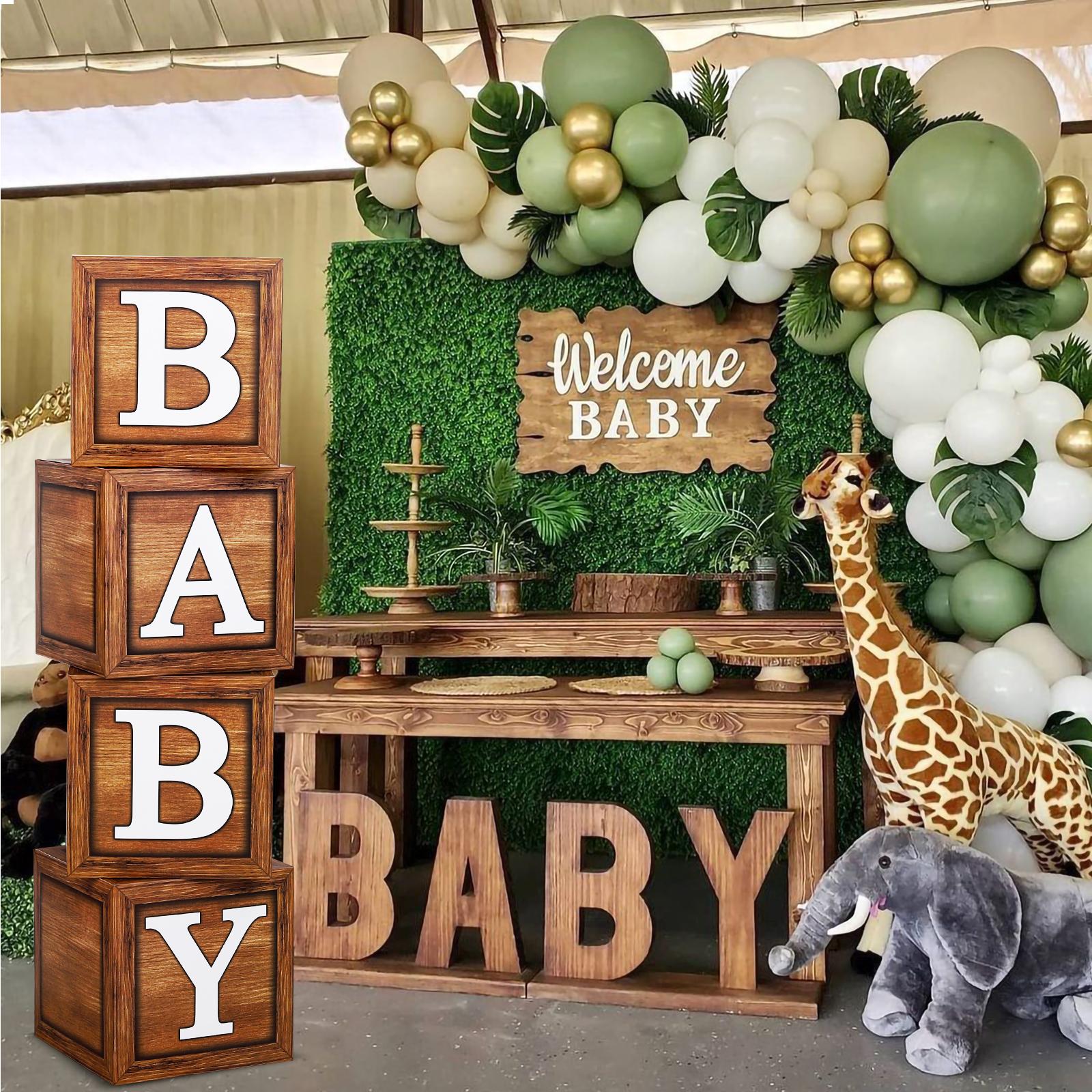 Wood Grain Printing Baby Shower Display Boxes Decoration, Neutral Gender Reveal Backdrop Brown Baby Stacking Blocks Backdrop for Kids Birthday Party