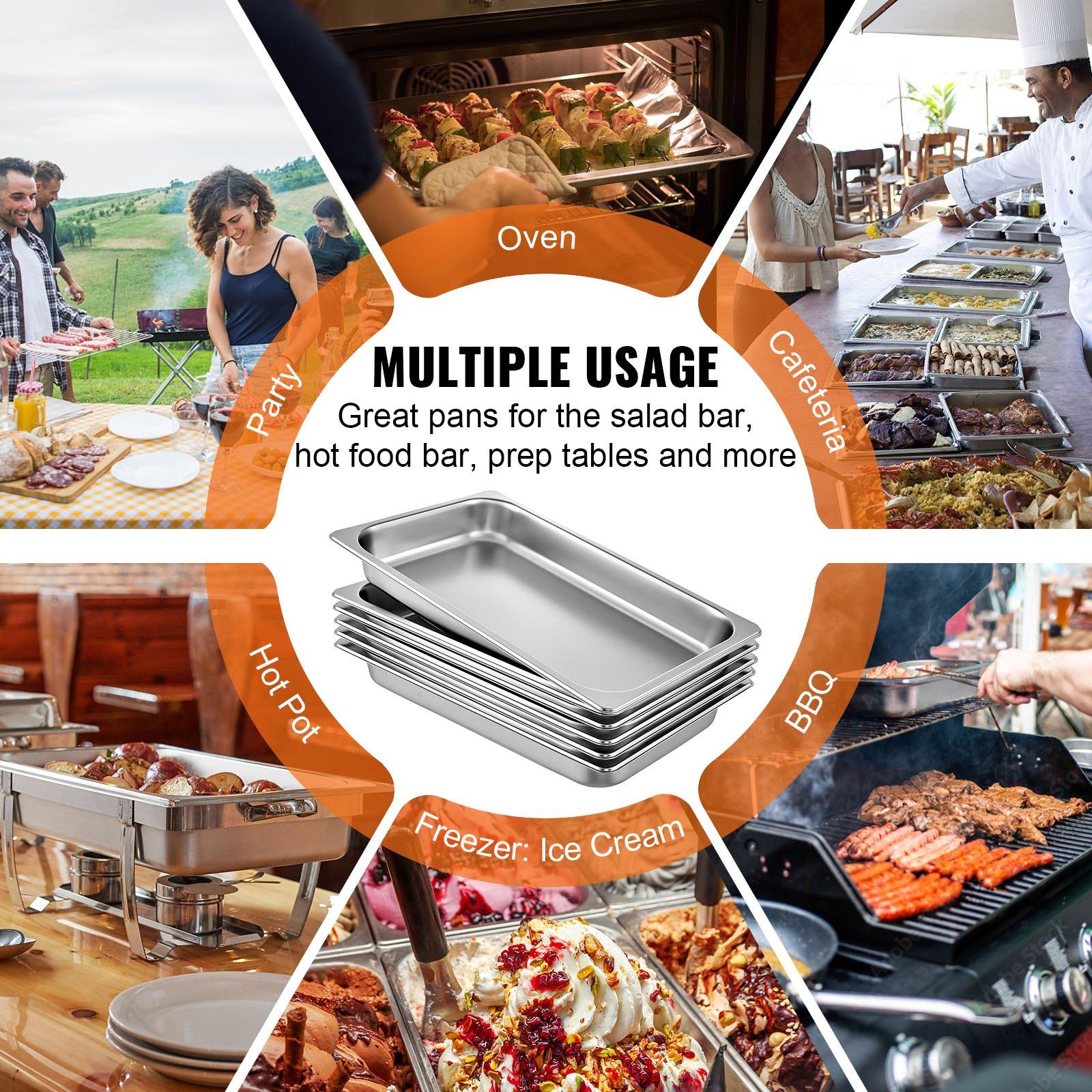 VEVOR 6 Pack Steam Table Pans 20.9x 12.8x 2.6 Inch Deep Steam Table Pan Full Size 8.5L Deep Food Container Stainless Steel Oven Tray Hotel Pans Anti-Jam Steam Table Food Pan