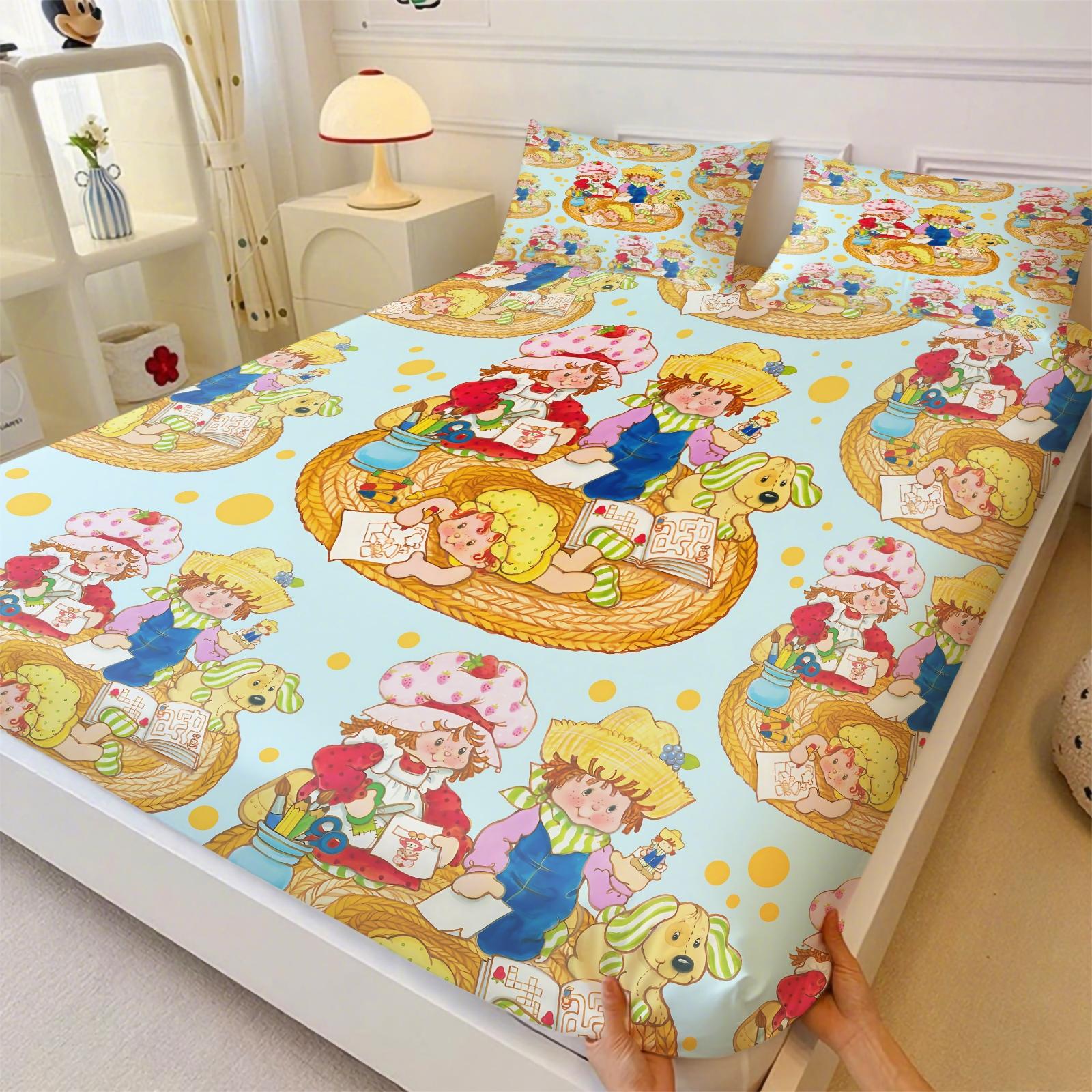 Q Version Strawberry Sweetheart Cartoon Fitted Sheet Set & 2 Pillowcases No Core, Wavy Stripe Design Paired with Cute Cartoon Characters, Soft Anti-Slip Wrinkle-Resistant, Girls' Bedroom Decor, Gift Choice
