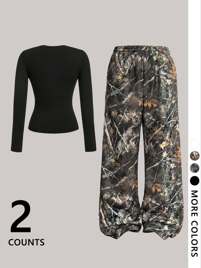 Women's Plain  Top & Camo Print Wide Leg Pants Two-piece Set, Casual Fashion Cozy Round Neck Long Sleeve Top & Trousers for Daily Outdoor Wear, Ladies Clothes for All Seasons