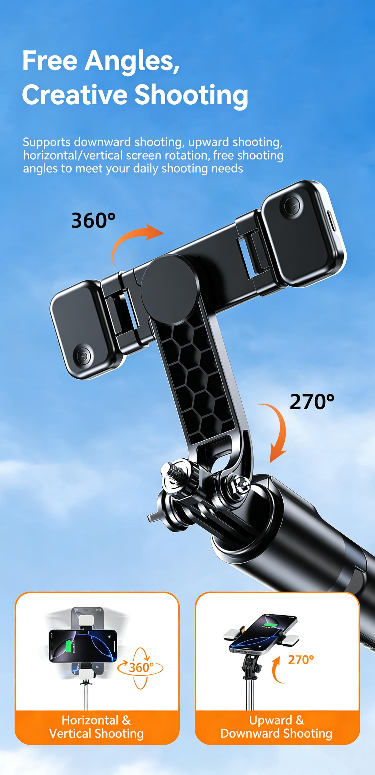 70.86" telescopic Selfie Stick Tripod, 3-Axis Anti-Shake with Bluetooth Remote, Compatible with iPhone/Android/Camera for Vlog/Live Stream