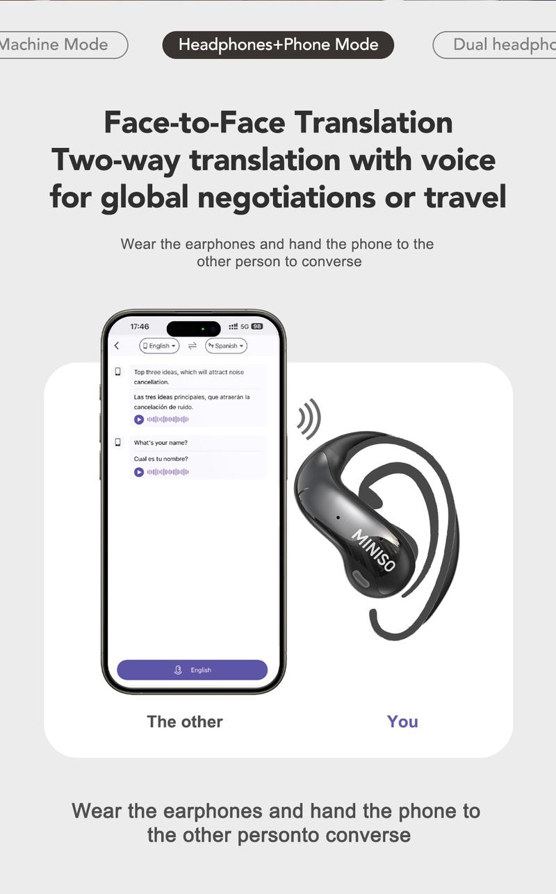 MINISO MS188 AI Earphones Wireless 134 Languages AI Translation Bluetooth Smart Earbuds with LCD Screen Charging Case APP Chargeable Black