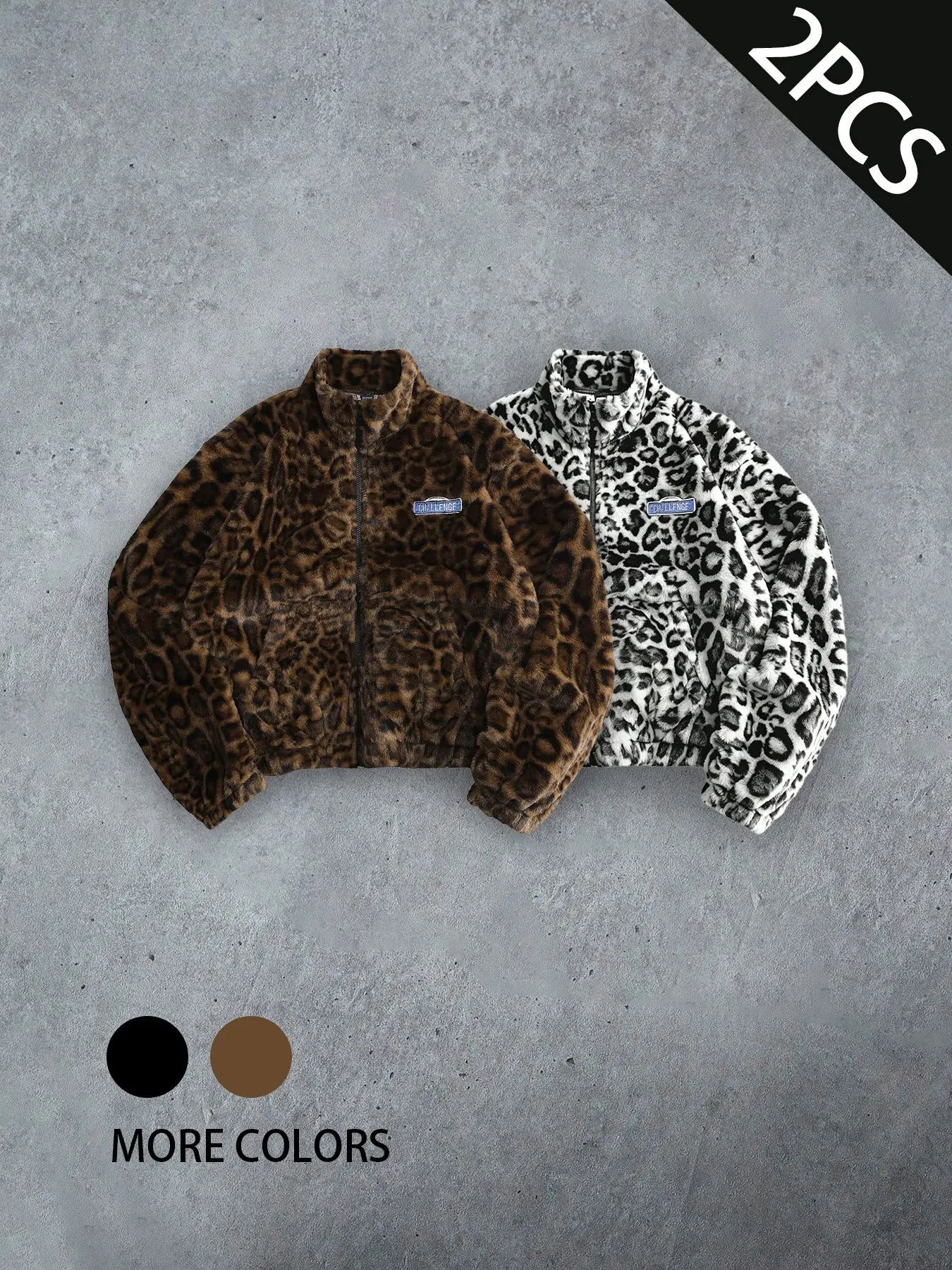 Vintage Leopard Fuzzy Fleece Full Zip Cropped Jacket, Aesthetic Alt Streetwear Stand Collar Plush Coat, Warm Loose Outerwear for Skate Night Out Casual Winter Daily Outfits