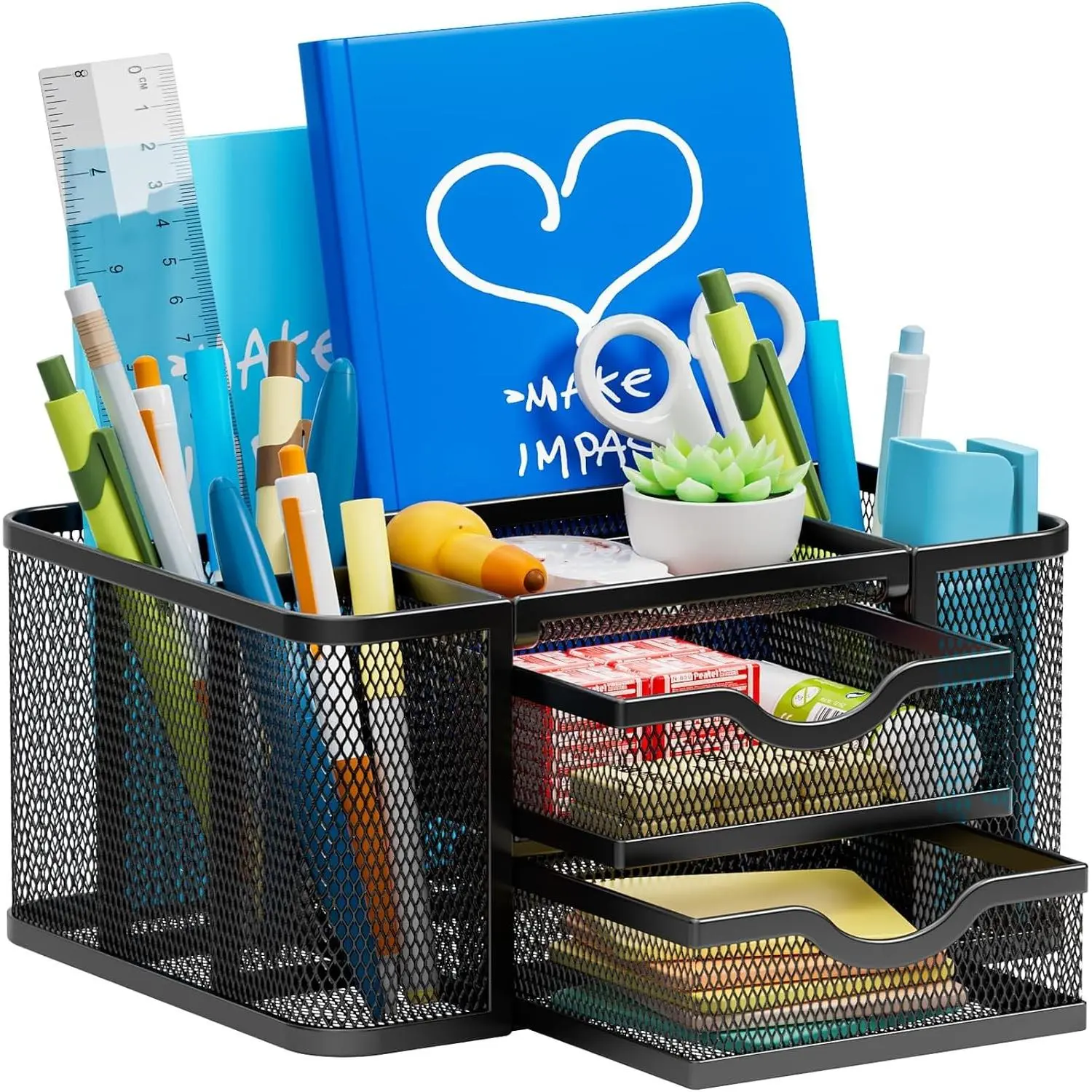 Mesh Desk Organizer with 2 Drawers and 5 Compartments, Multi-Functional Pencil Holder for Office Art Supplies (Black)Gift