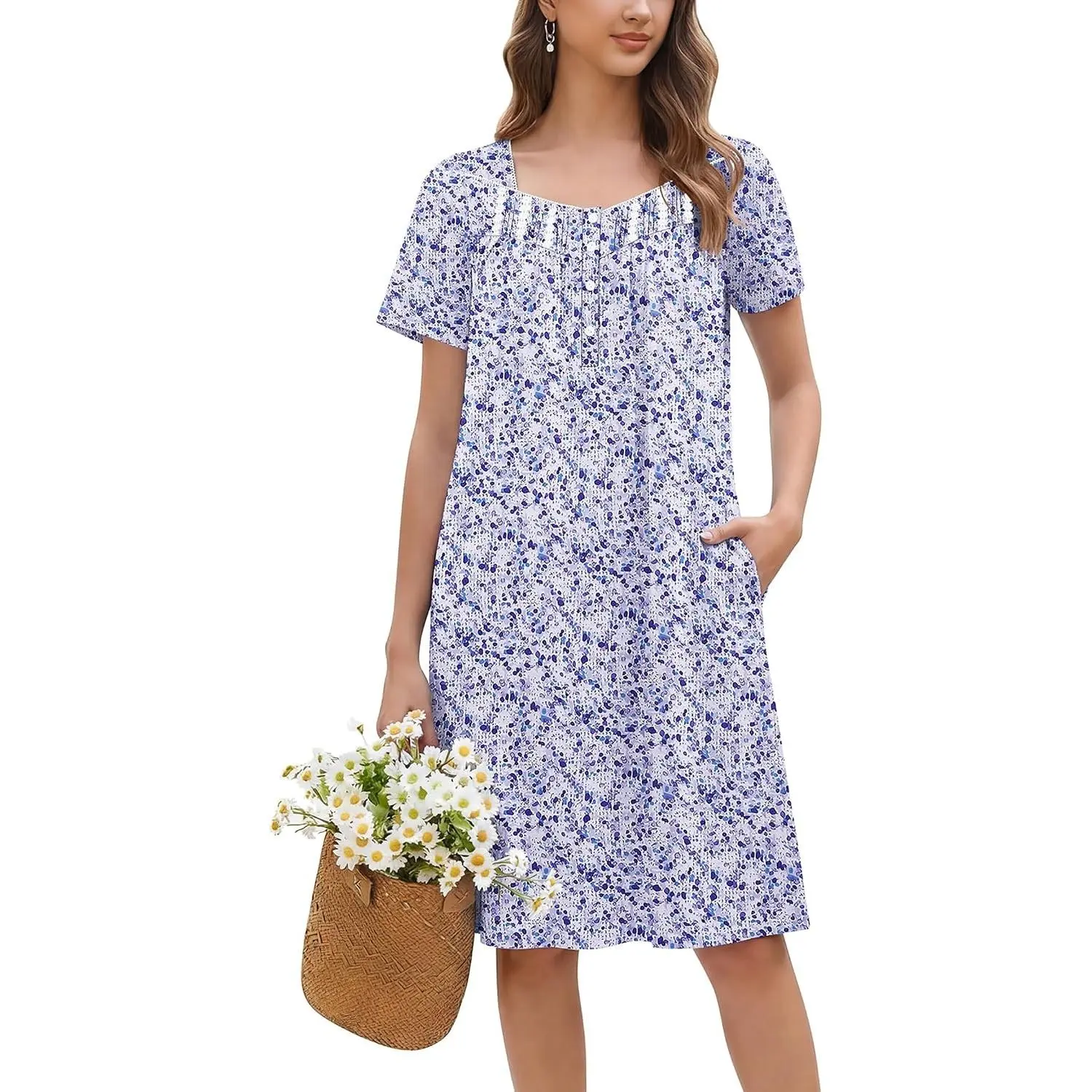 Cotton Nightgowns for Women Pleated Button Night Gowns Victorian Sleep Shirts Ladies House Dress with Pockets