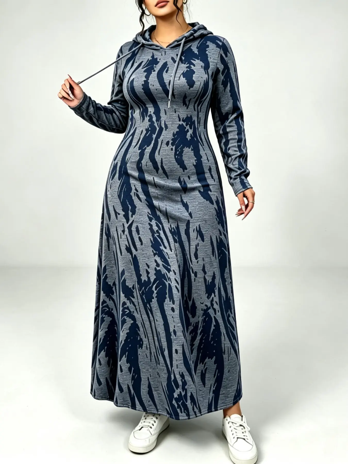 Women's Plus Size Abstract Print Long Sleeve Loose-Fit Hooded Dress, Fall Winter Daily Wear, Boho Fashion Casual, Casual Commute, with Pockets