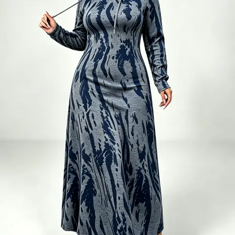Women's Plus Size Abstract Print Long Sleeve Loose-Fit Hooded Dress, Bohemian Dress, Fall Winter Daily Wear, Casual Commute, with Pockets