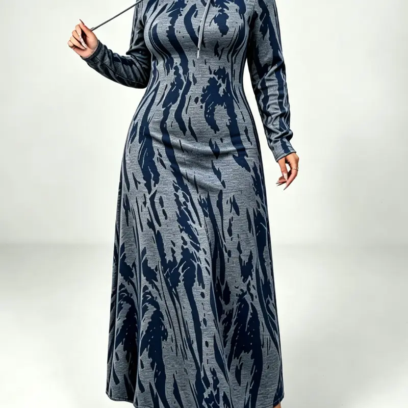 Women's Plus Size Abstract Print Long Sleeve Loose-Fit Hooded Dress, Bohemian Dress, Fall Winter Daily Wear, Casual Commute, with Pockets