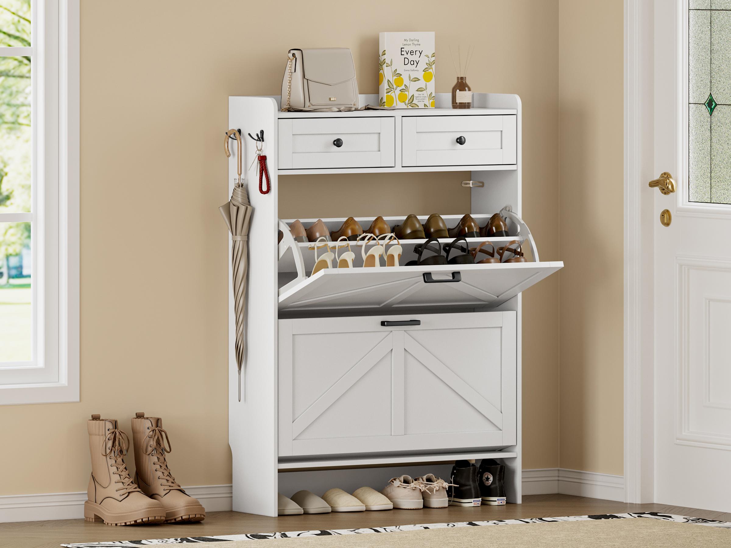 Shoe Storage Cabinet for Entryway, Farmhouse Narrow Shoe Cabinet with 2 Flip Drawers & Top Drawers, Adjustable Shelves & Hooks, Freestanding Hidden Rack Organizer for Hallway, Foyer Shoe Storage Cabinet for Entryway, Farmhouse Narrow Shoe Cabinet with 2 Flip Drawers & Top Drawers, Adjustable Shelves & Hooks, Freestanding Hidden Rack Organizer for Hallway, Foyer