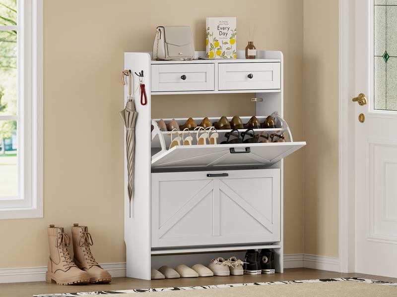Shoe Storage Cabinet for Entryway, Farmhouse Narrow Shoe Cabinet with 2 Flip Drawers & Top Drawers, Adjustable Shelves & Hooks, Freestanding Hidden Rack Organizer for Hallway, Foyer