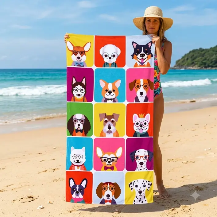 27.5" x 55" Small Dog Beach Towel, Playful Pups Design, Soft Quick-Dry Microfiber, Sand-Free for Pool, Bath, Swim, Ideal for Women, Girls, Kids, Perfect Home Decor & Gift