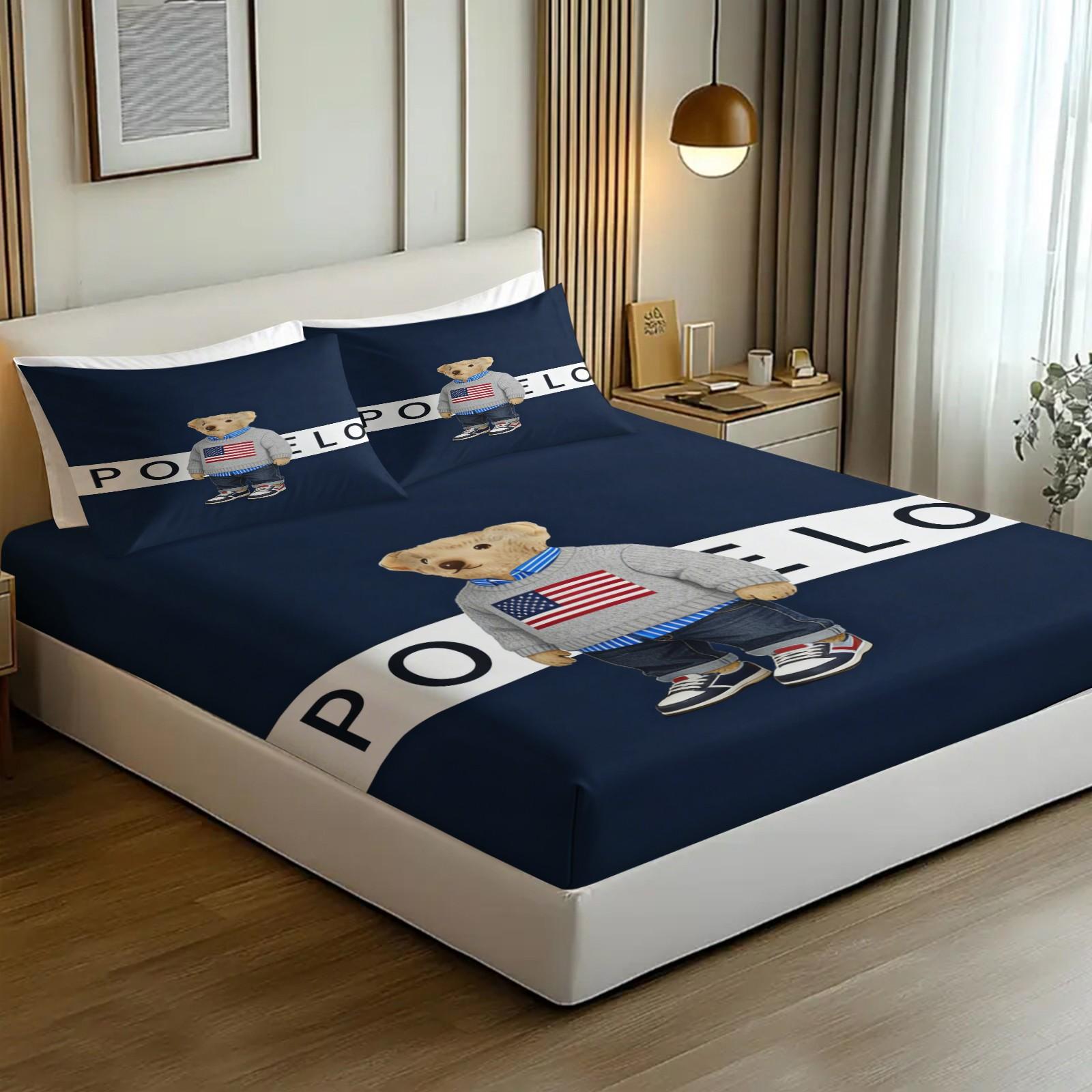 Teddy Bear Pattern Bed Sheet, Comfortable Printed Pattern, Includes 1 Bed Sheet and 2 Pillowcases, Comfortable Bedding, Non slip Dust Cover Suitable for Bedroom and Guest Room, Suitable as a Gift for Children or Adults, Bedsheet