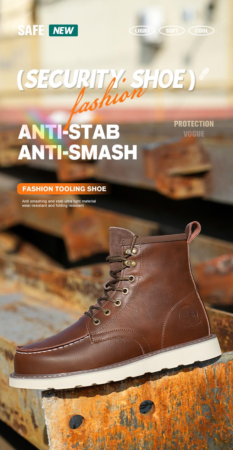 Men's Workwear - style Steel - toe Sports Non - slip Work Shoes, High - top Leather Safety Boots, with Anti - smashing, Anti - piercing, Shock - absorbing and Wear - resistant Properties. Footwear, Fathersday Gift. Classic Boy Closed