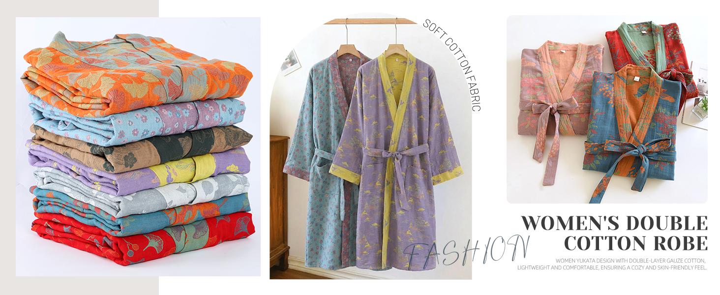 Wyeysyt Women's Cotton Gauze Jacquard Weave Knee-Length Loose-Fitting Japanese Yukata Muslin Bathrobe, Loungewear Sleepwear Gowns