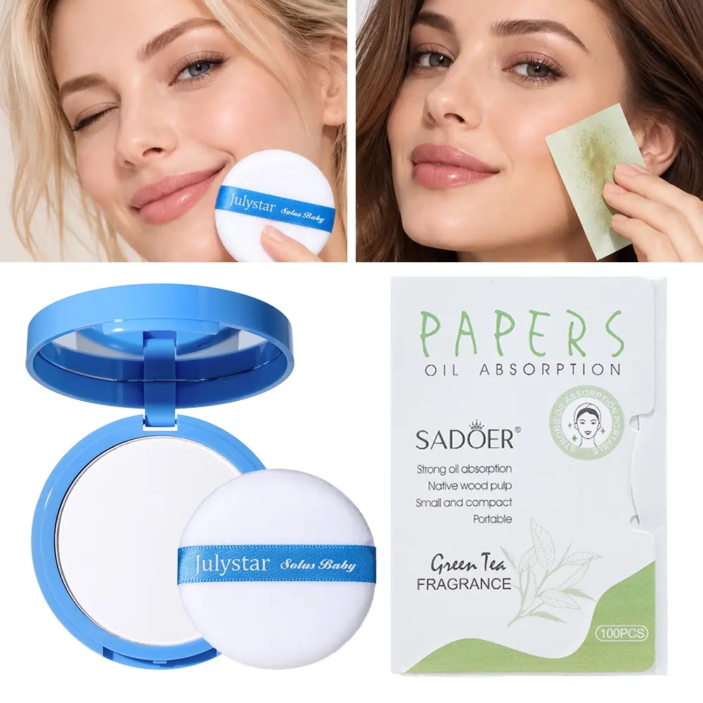 Face Oil Control Beauty Kit, Matte Finish Pressed Powder for Flawless Makeup, Natural Wood Pulp Green Tea Oil Absorbing Sheets, Portable size for handbag, suitable for combination and oily skin, ideal gift for makeup lovers