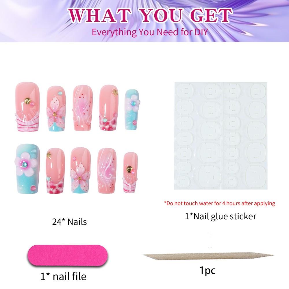 24pcs 3D Gel Nail Art Set, Ocean & Hibiscus Design, Square French Tips, Acrylic False Nails, Includes Adhesive & File, Perfect for Daily Use & Parties