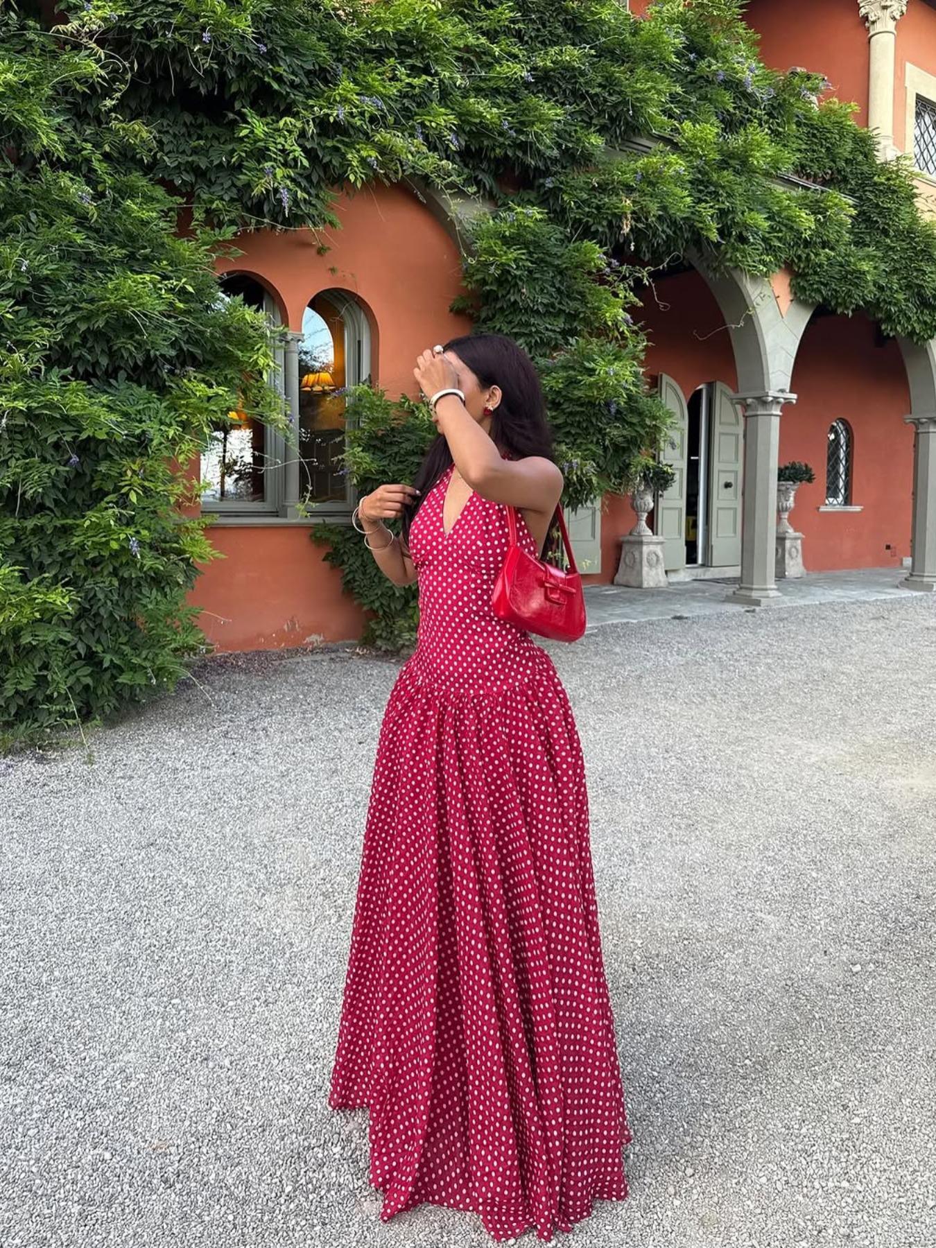 Elegant Vintage Polka Dot Halter Deep V Neck Backless Tie Waist Fitted Dress, Pure Color Retro Style, Women's Fashion Party Dress