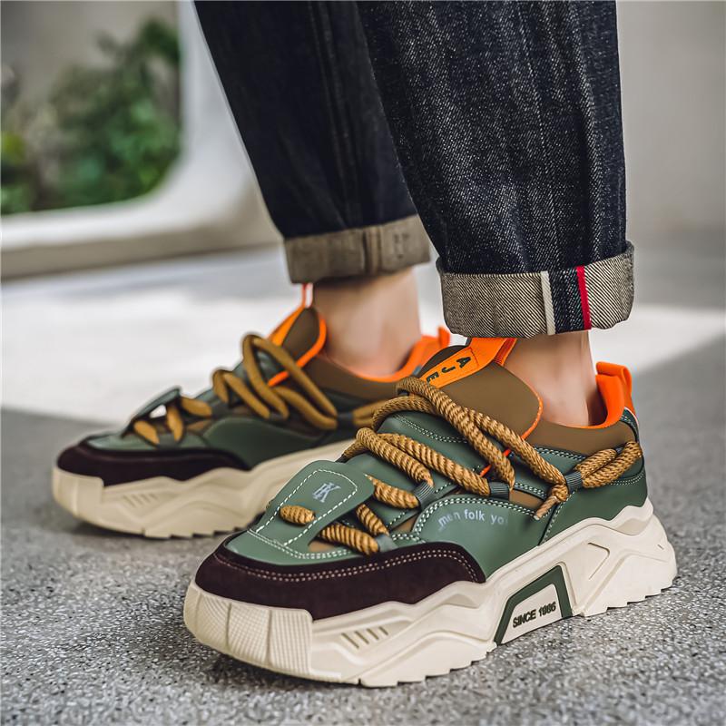 Low-top round toe lace-up casual men's shoes with color-blocking design, available in green and black. Versatile and comfortable running shoes suitable for all seasons, ideal for daily wear, sports and hiking.