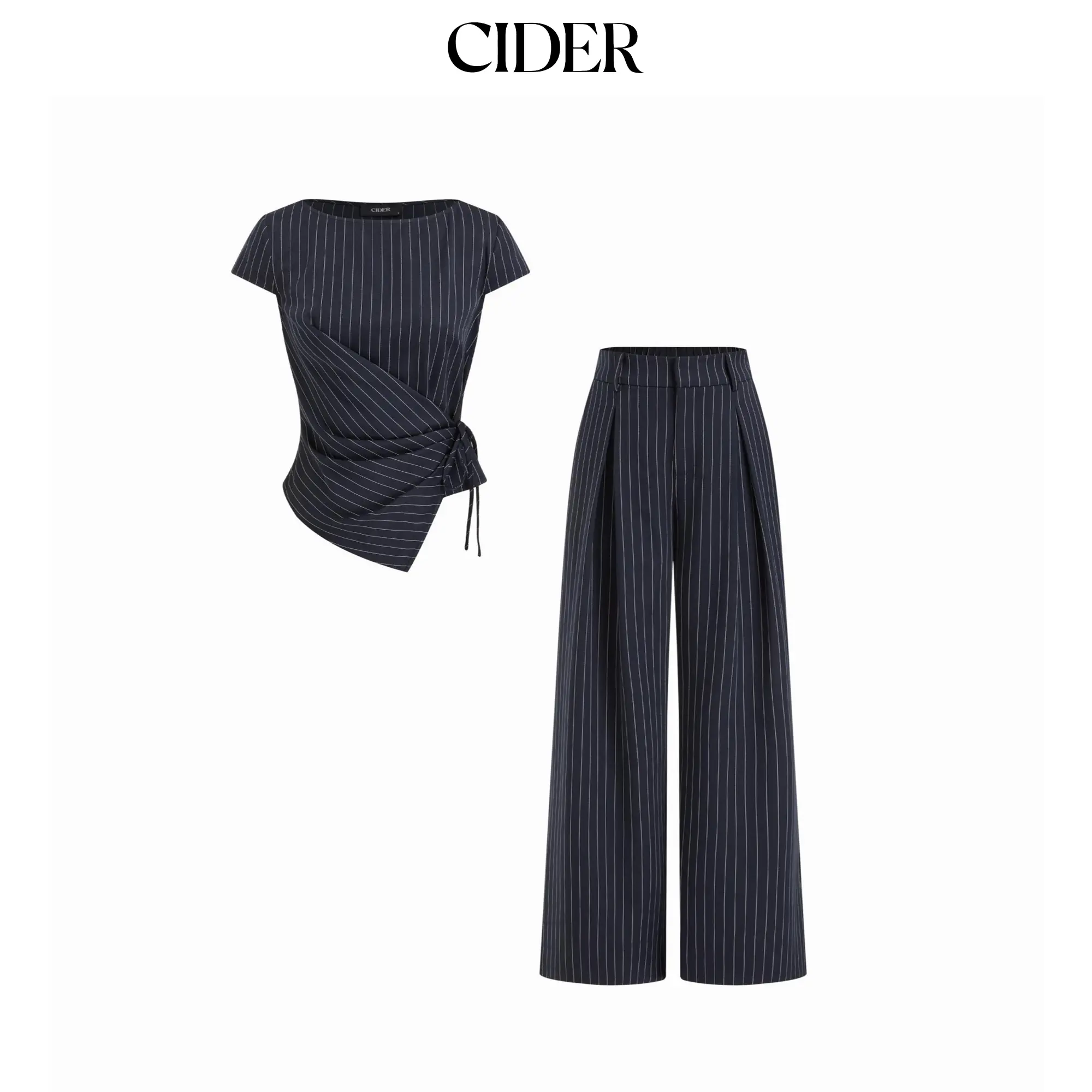 Cider Striped Boat Neck Short Sleeve Wrap Knotted Top & Mid Rise Straight Leg Trousers Set