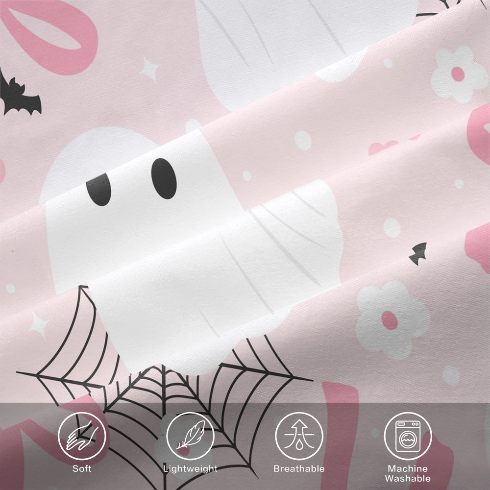 3Pcs Cute Pink Ghost Fitted Sheet Set, Aesthetic Spooky Halloween Bed Sheets Set, Soft Microfiber Bedding Set with Bows & Spiderweb Print for Girls Bedroom Decor No Fillers