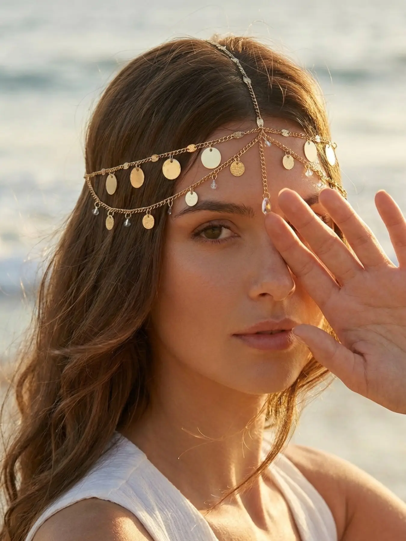 1Pc Bohemian Metal Head Chain,Alloy Multi‑Layer Disc Sequin Crystal Tassel Forehead Hair Piece,Adjustable Boho Headpiece for Women Beach Holiday Wedding Party