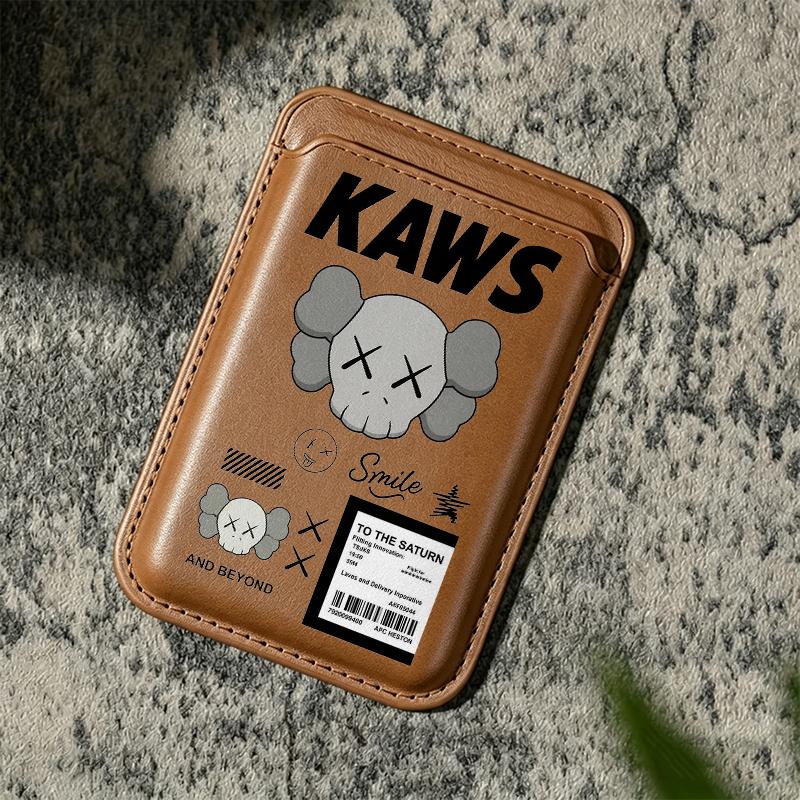 Trendy KAWS Collage Magnetic Smartphone Card Holder - Strong Polyurethane Leather Handheld Cover for iPhone 17/16/15/14/13/12, Samsung/Google/Motorola, Holds 2 Cards, Includes Free Metal Ring Adapter for Cellphone Protection, Mobile