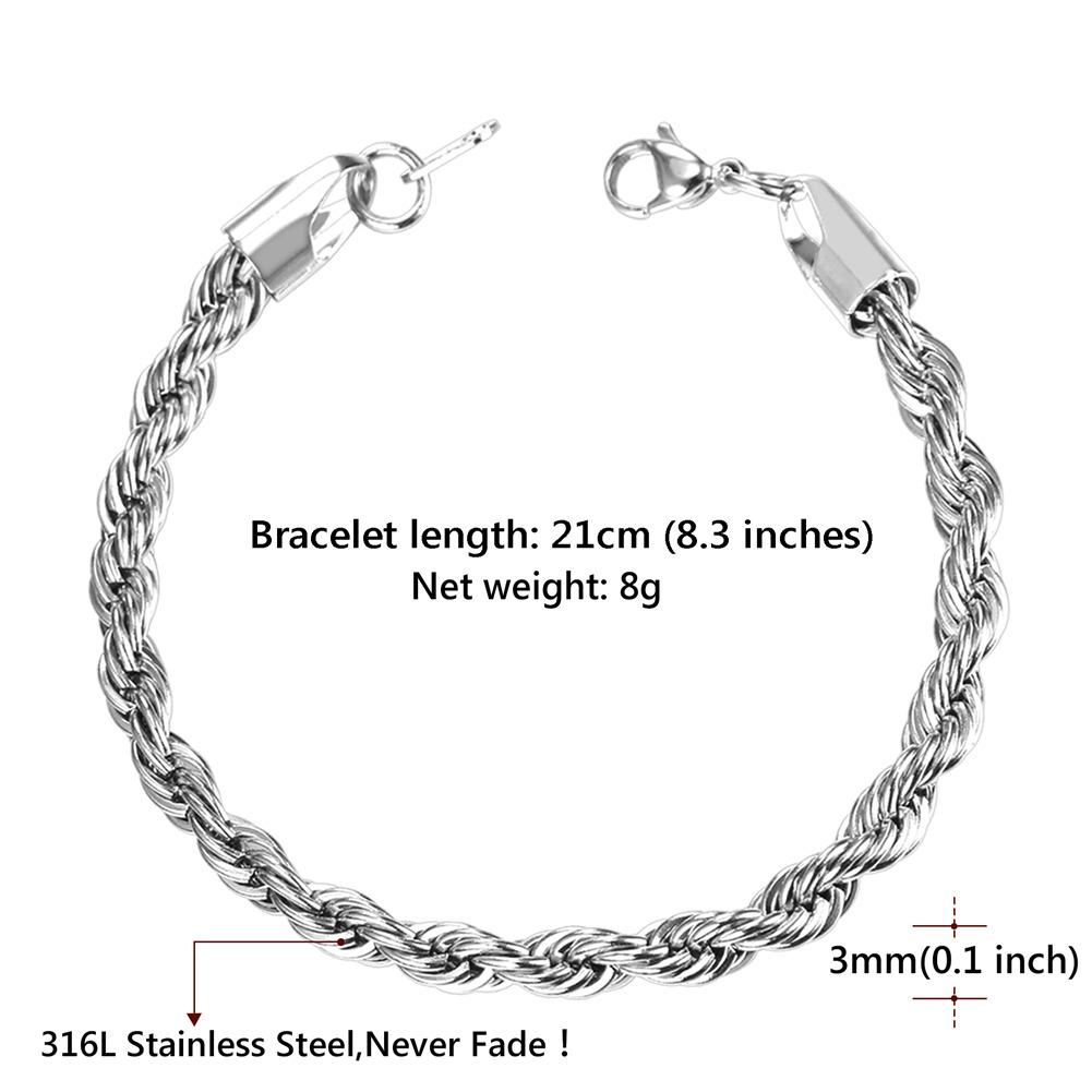 U7 Twisted Rope Chain Bracelet Cuban Chain Figaro Chain Daily Casual 3/6/9mm Bracelet for Men Women Stainless Steel Hypoallergenic Strong Link Braided Wrist Chain Bracelet