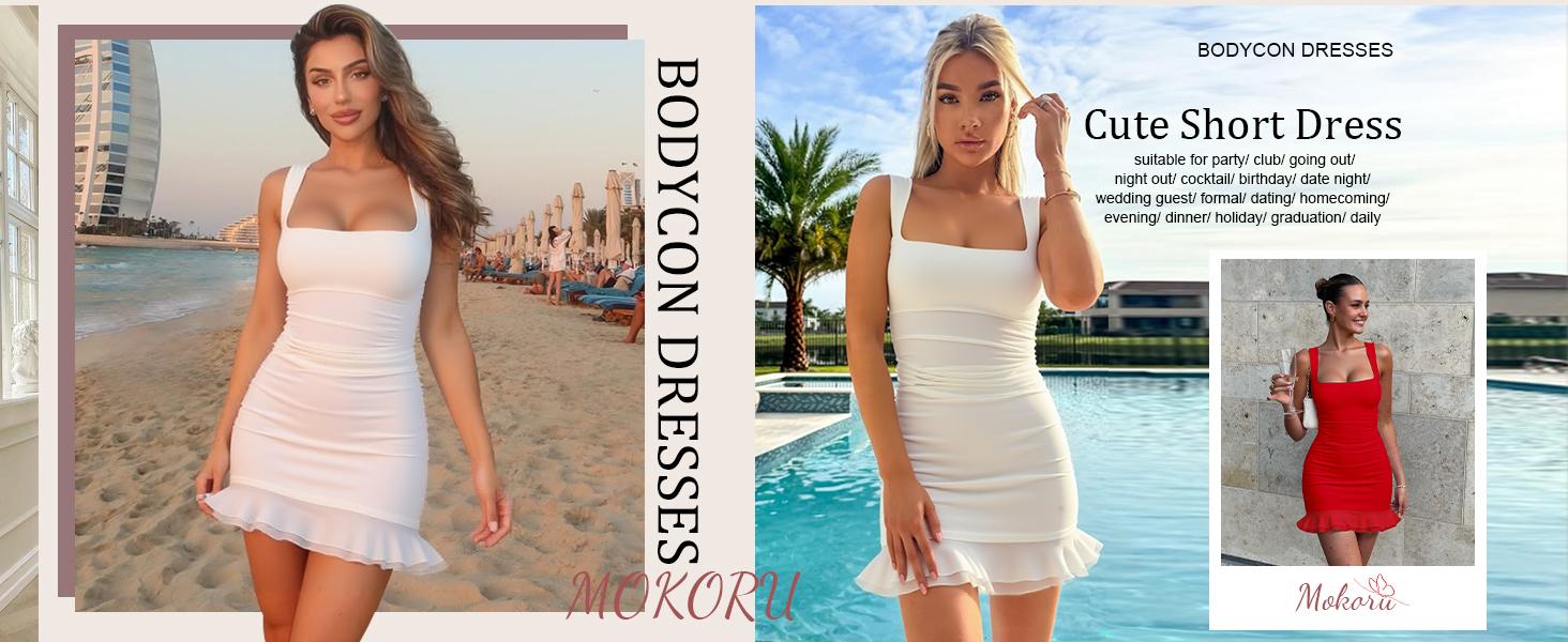 Mokoru Valentine's Day Sexy Bodycon Mini Dress | Spring Date Night Square Neck Ruffle Hem Tank Dress | Elegant Ruched Party Club Dress for Women | Romantic Spring Festival Outfits Mokoru Valentine's Day Sexy Bodycon Mini Dress | Spring Date Night Square Neck Ruffle Hem Tank Dress | Elegant Ruched Party Club Dress for Women | Romantic Spring Festival Outfits