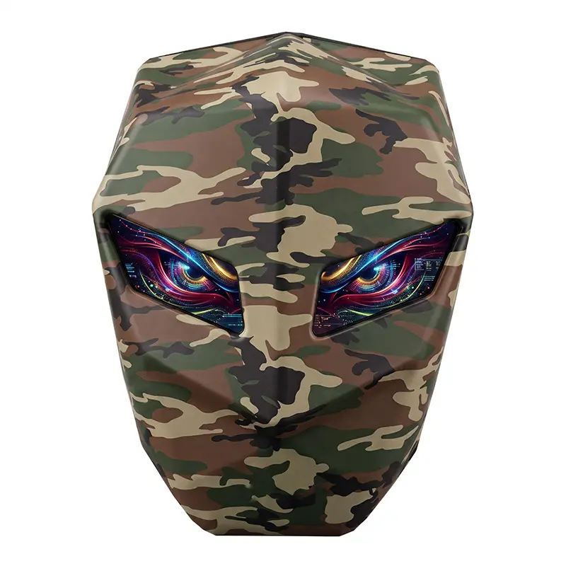Cyberpunk LED Knight Pack Hard Shell Backpack for Bikers - Woodland Camouflage, Spectrum Eye, PVC Zip Up, Programmable LED Screen, Expandable 15.6" Laptop Daypack, USB Port, DIY Pixel Art Animation, Durable Tech Gift (Power Bank Not Included)